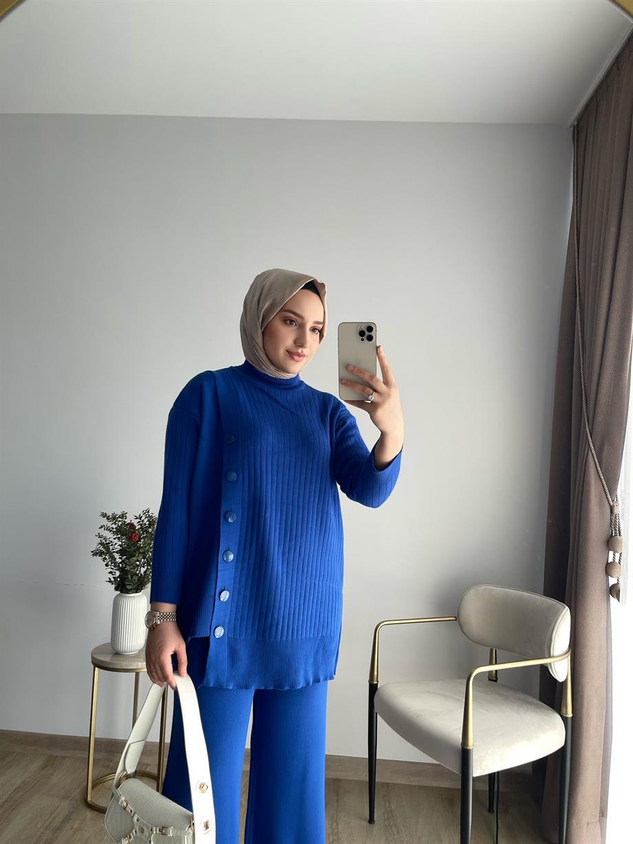 MEYSADESIGN TRİKO TAKIM Yan Düğmeli Triko Takım Saks