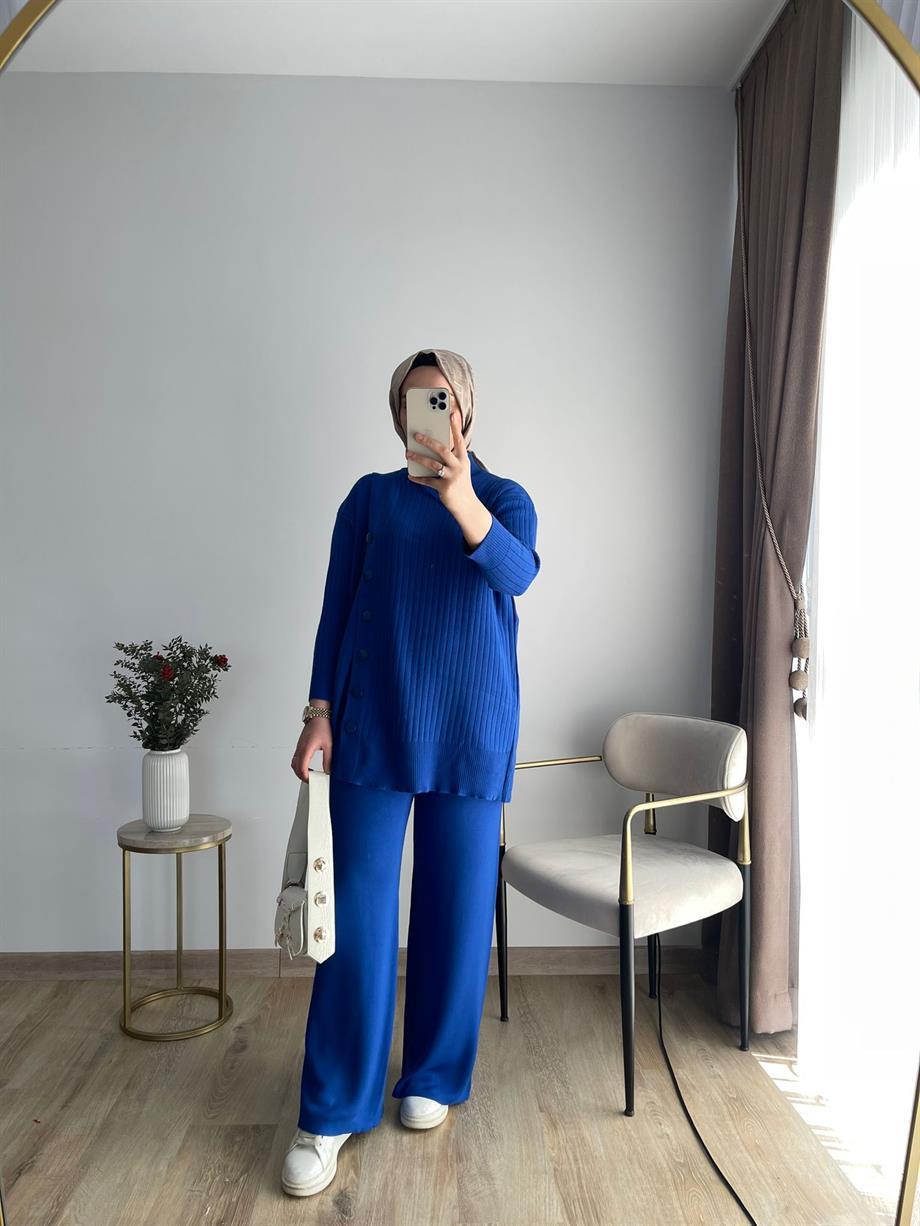 MEYSADESIGN TRİKO TAKIM Yan Düğmeli Triko Takım Saks
