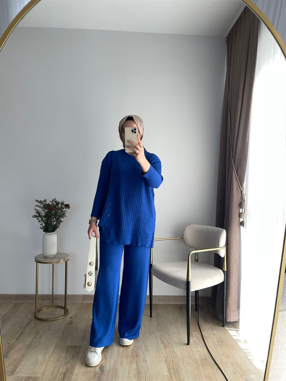 MEYSADESIGN TRİKO TAKIM Yan Düğmeli Triko Takım Saks