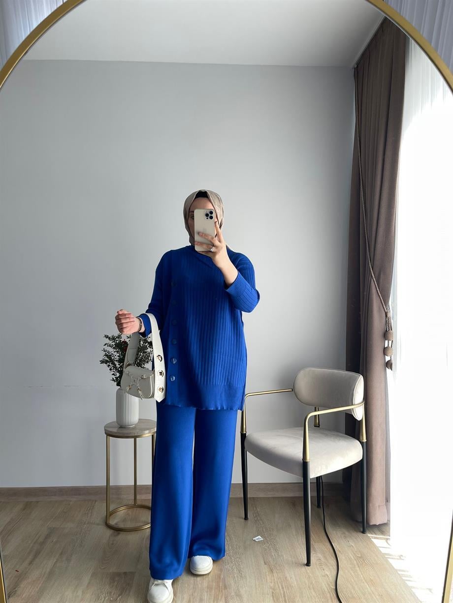 MEYSADESIGN TRİKO TAKIM Yan Düğmeli Triko Takım Saks