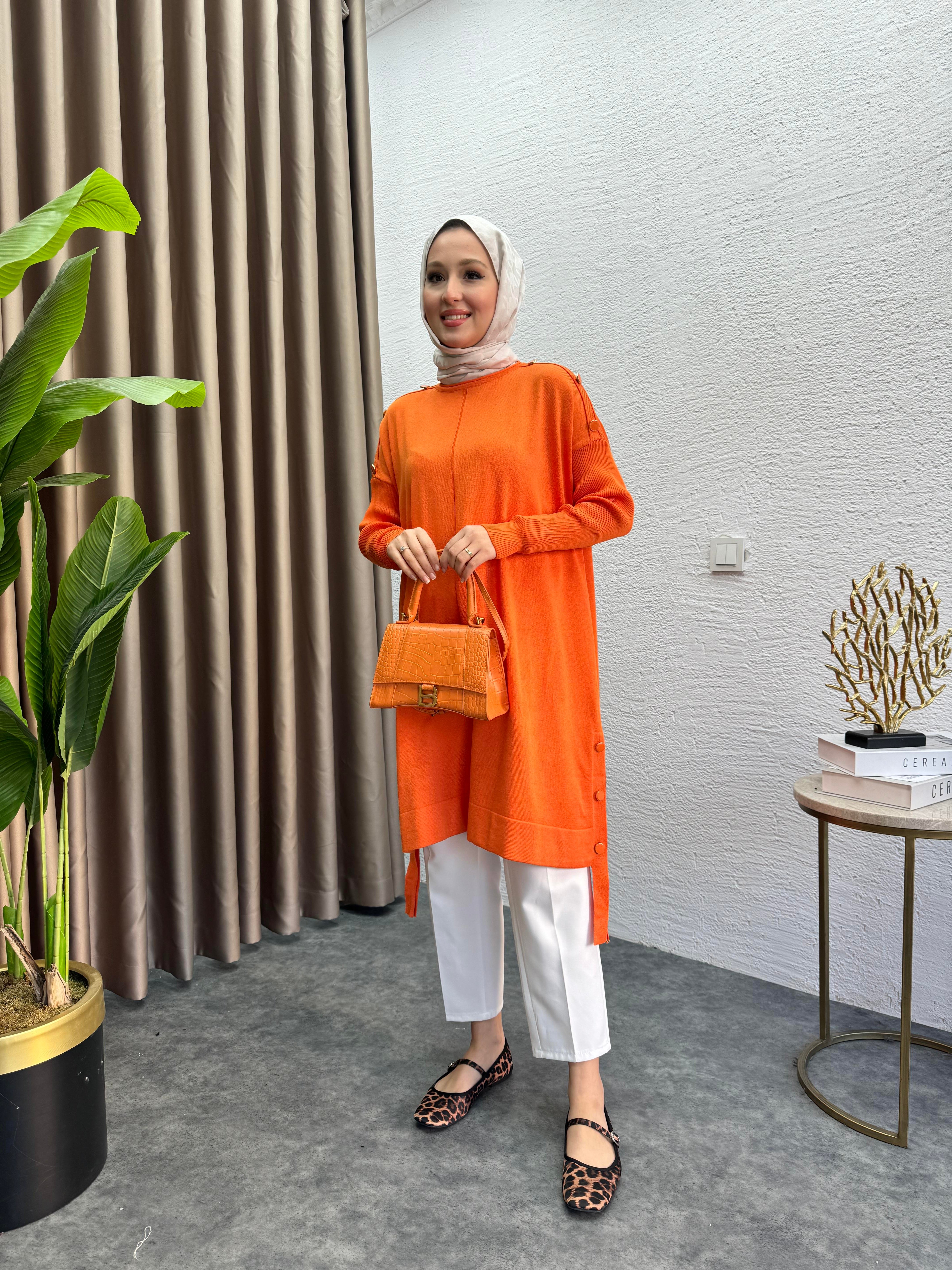 MEYSADESIGN TUNİK Asimetrik Merserize Tunik Turuncu