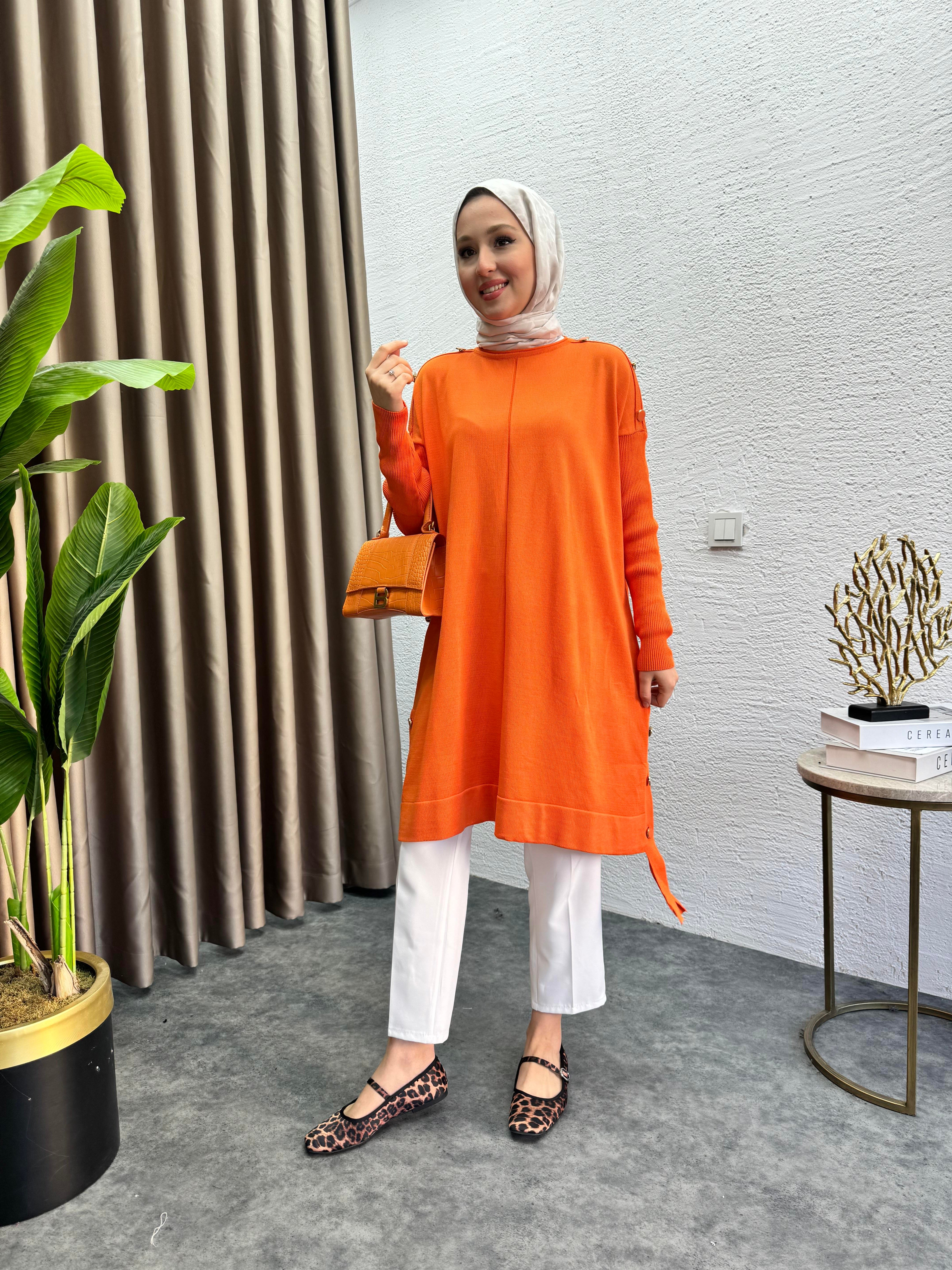 MEYSADESIGN TUNİK Asimetrik Merserize Tunik Turuncu