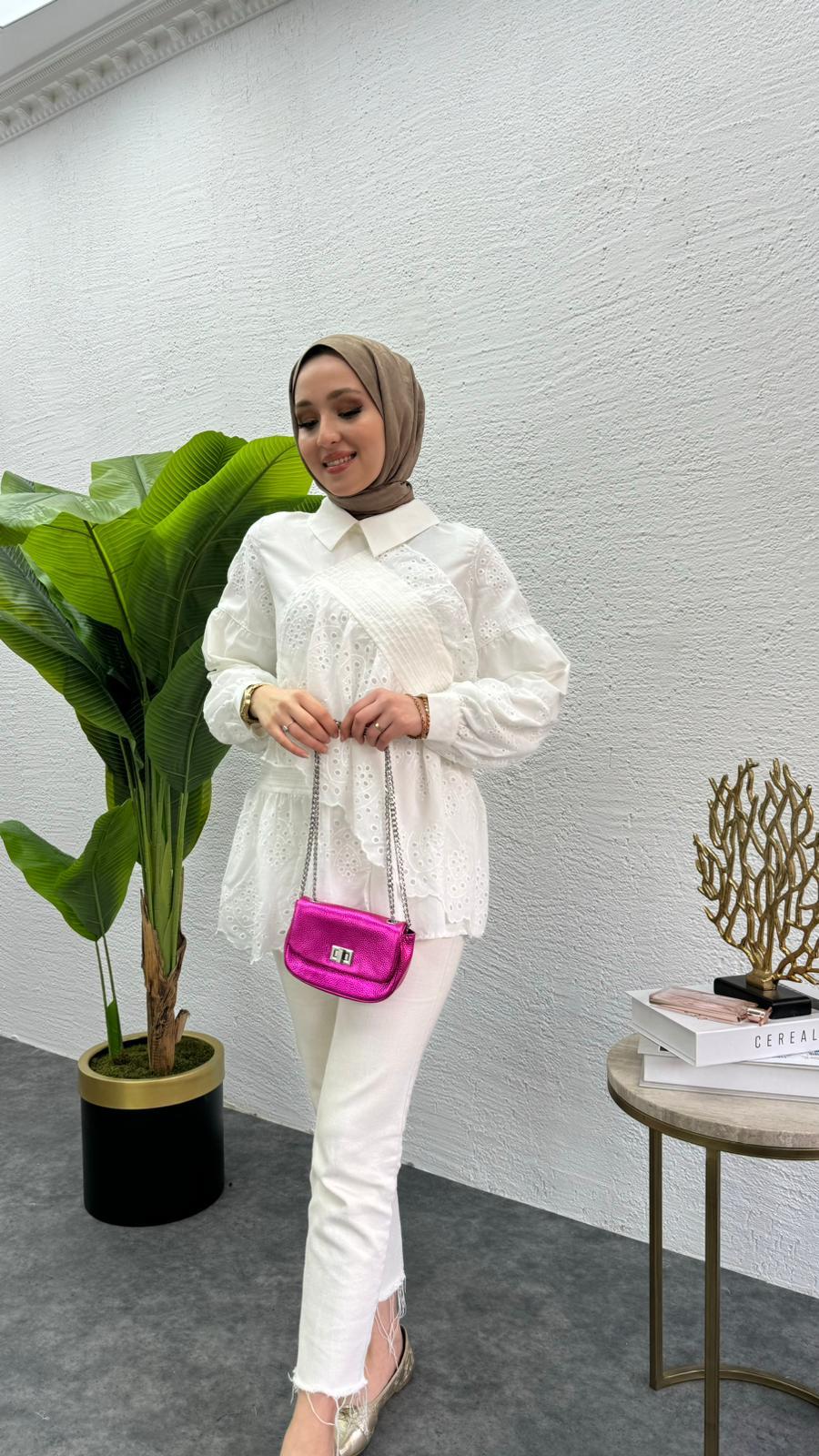 MEYSADESIGN TUNİK Parçalı Fisto Tunik Beyaz