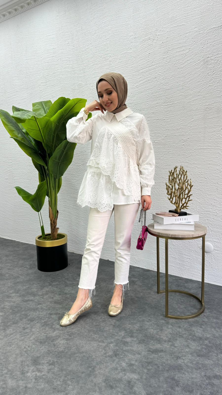 MEYSADESIGN TUNİK Parçalı Fisto Tunik Beyaz