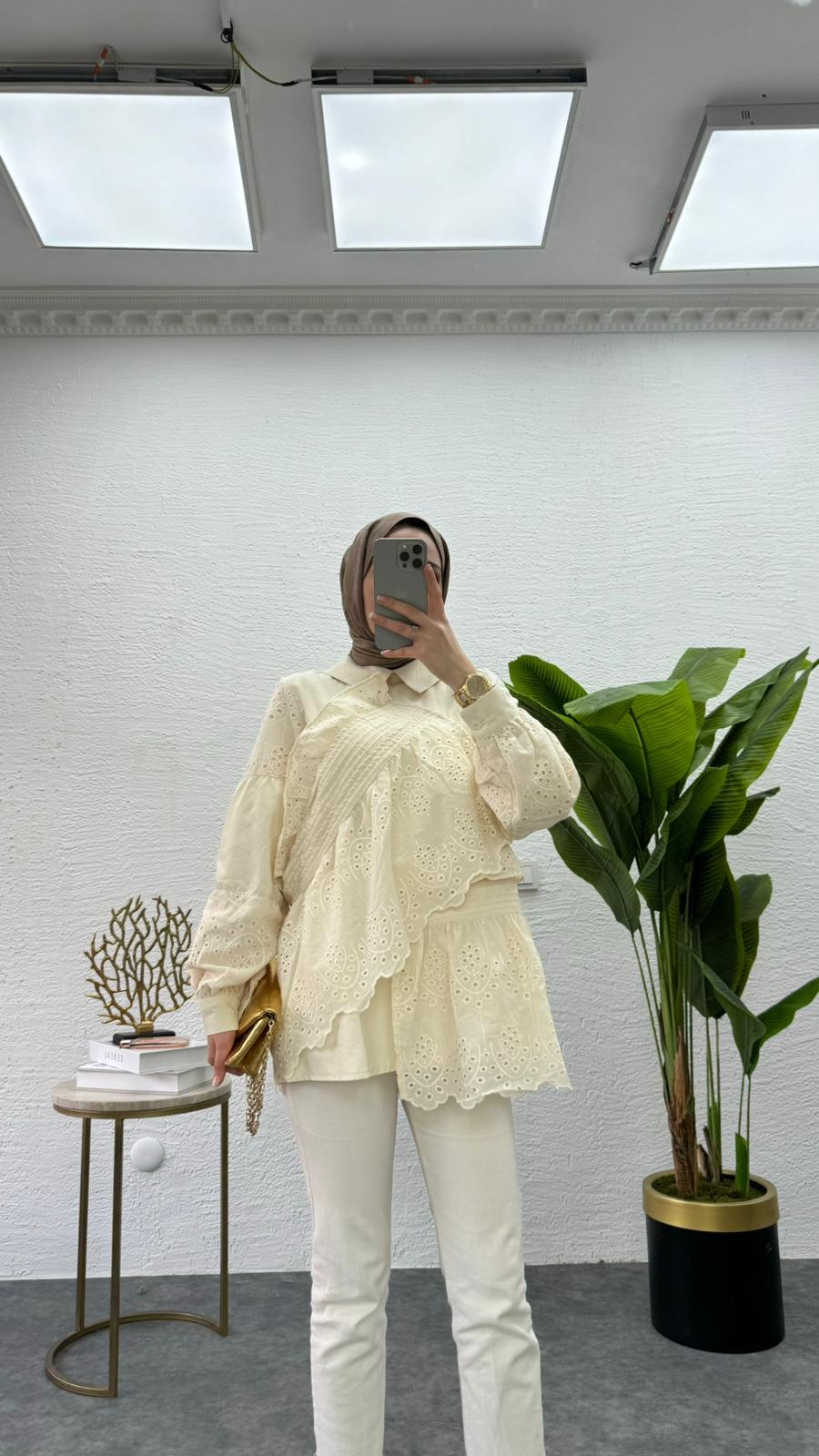 MEYSADESIGN TUNİK Parçalı Fisto Tunik Krem