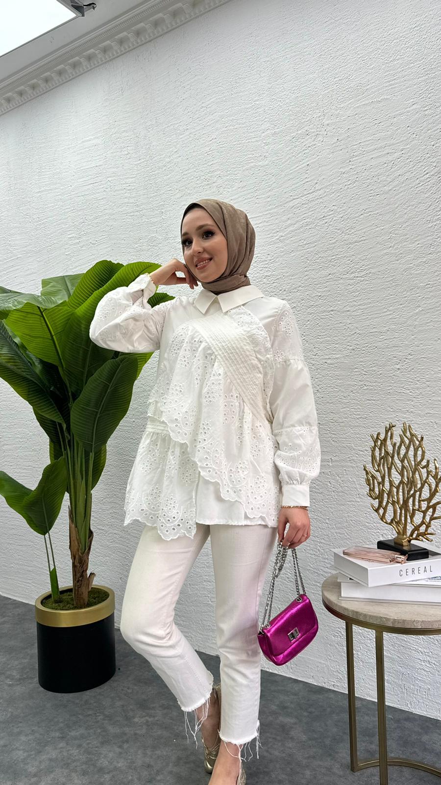 MEYSADESIGN TUNİK Parçalı Fisto Tunik Beyaz