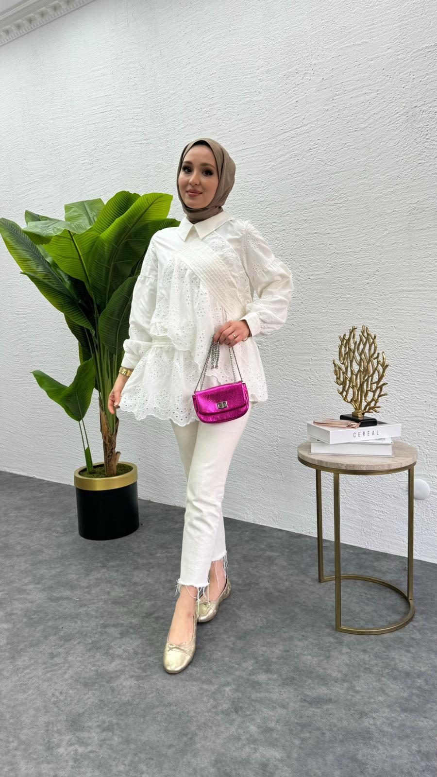 MEYSADESIGN TUNİK Parçalı Fisto Tunik Beyaz