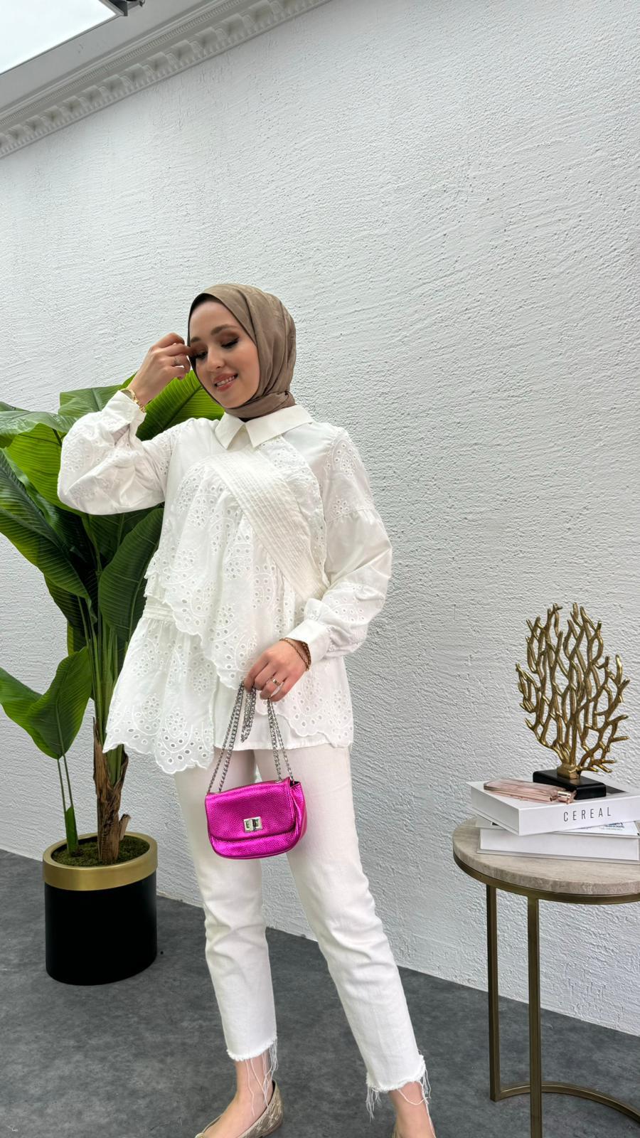 MEYSADESIGN TUNİK Parçalı Fisto Tunik Beyaz