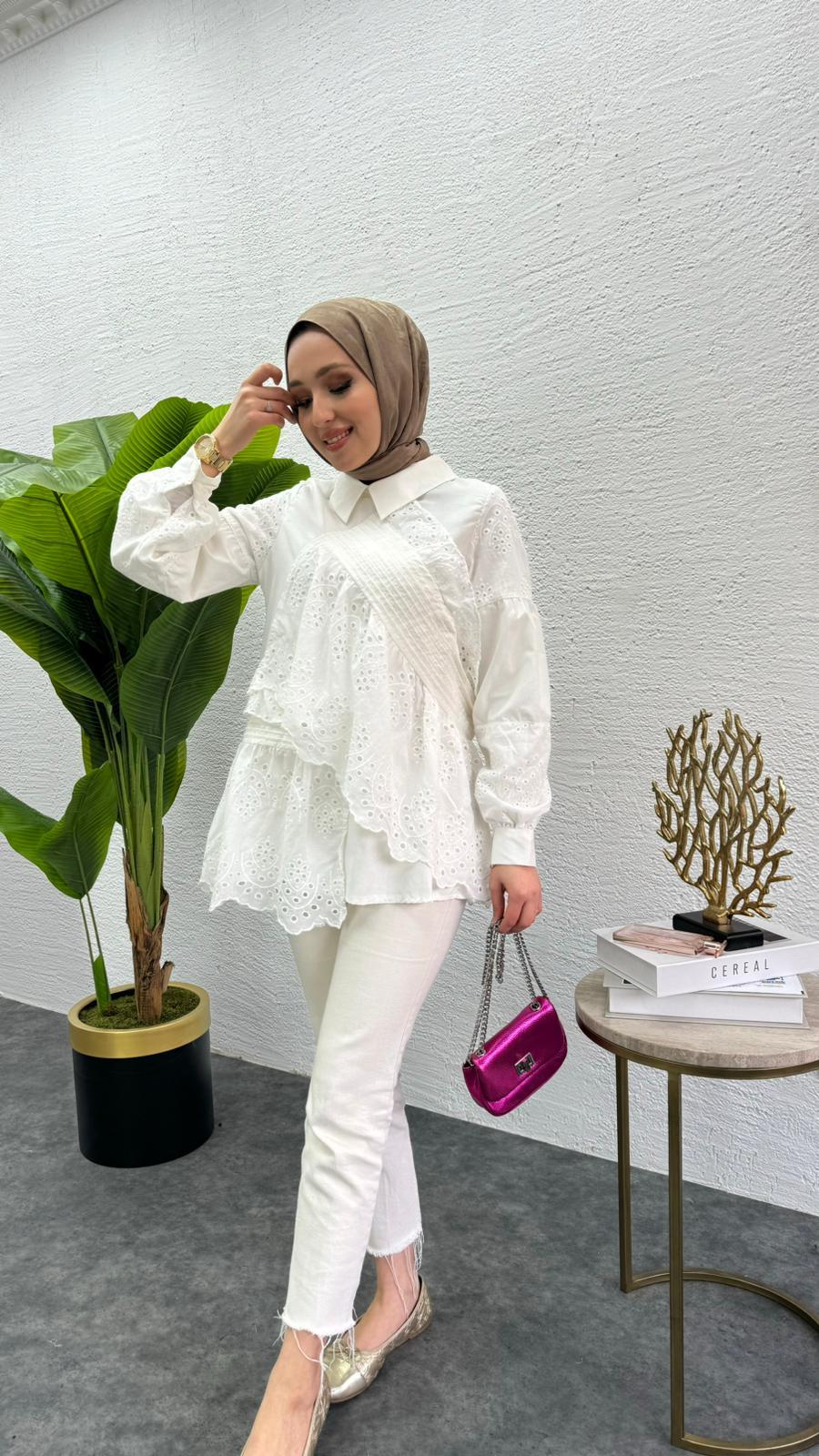 MEYSADESIGN TUNİK Parçalı Fisto Tunik Beyaz