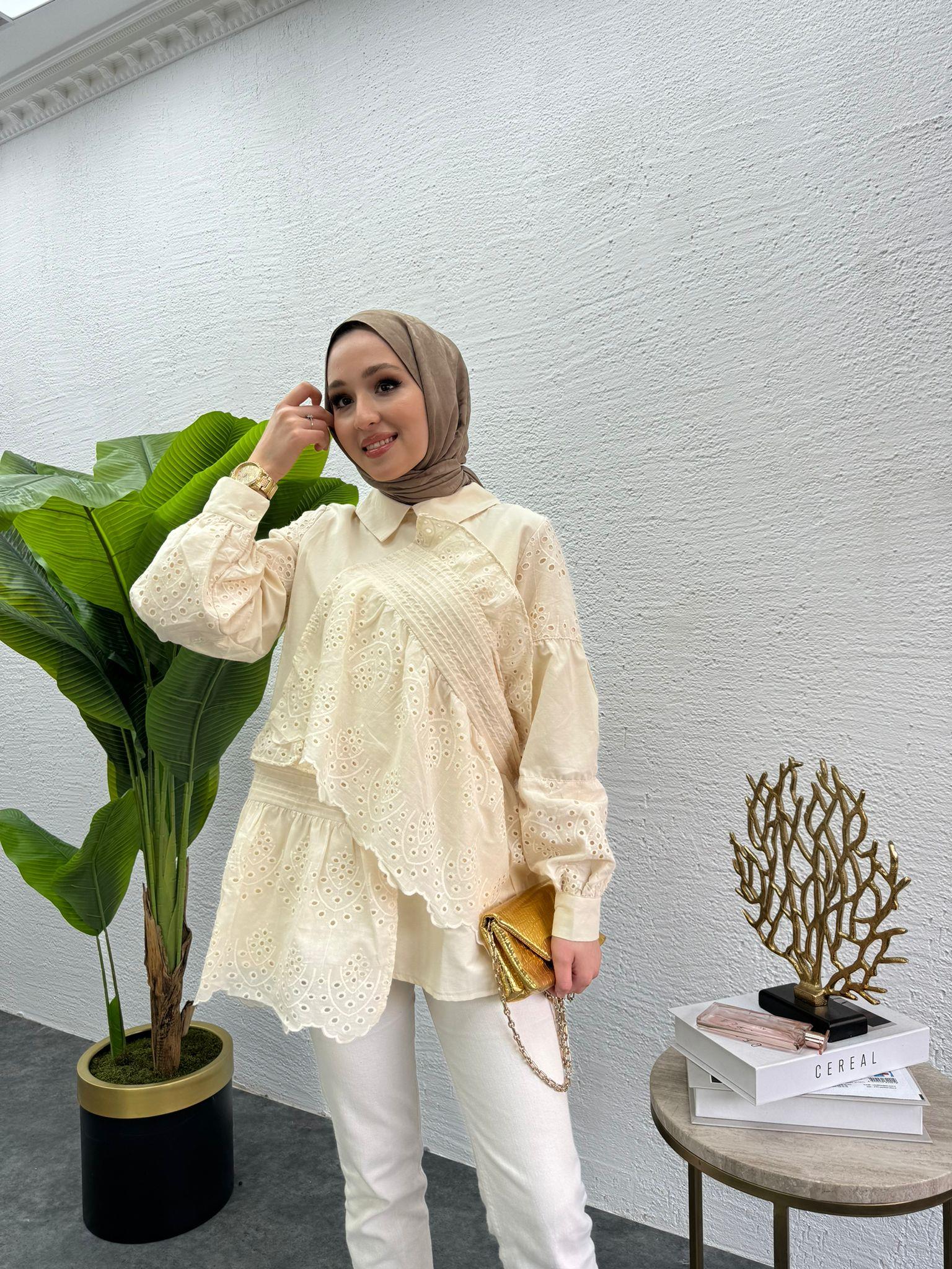 MEYSADESIGN TUNİK Parçalı Fisto Tunik Krem