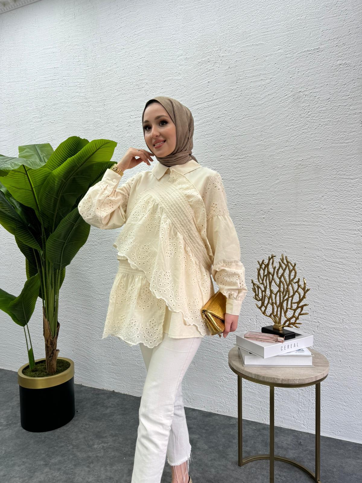 MEYSADESIGN TUNİK Parçalı Fisto Tunik Krem