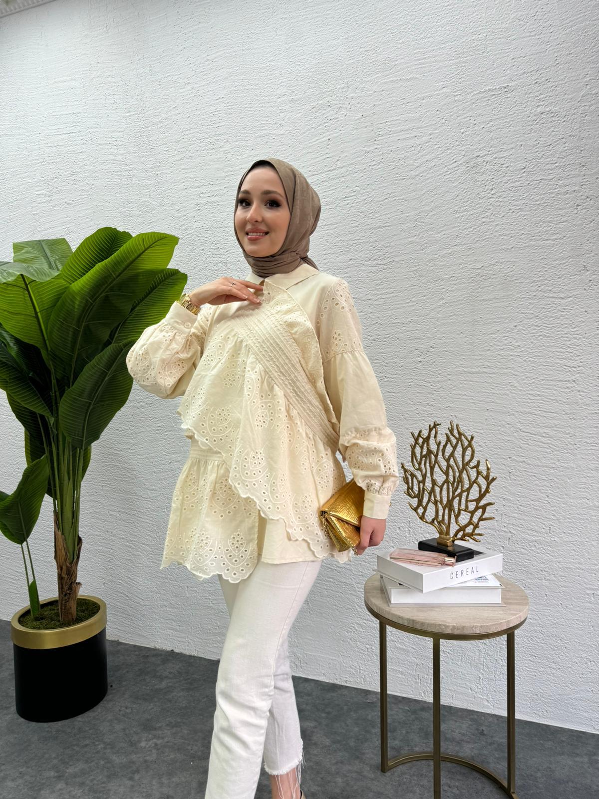 MEYSADESIGN TUNİK Parçalı Fisto Tunik Krem