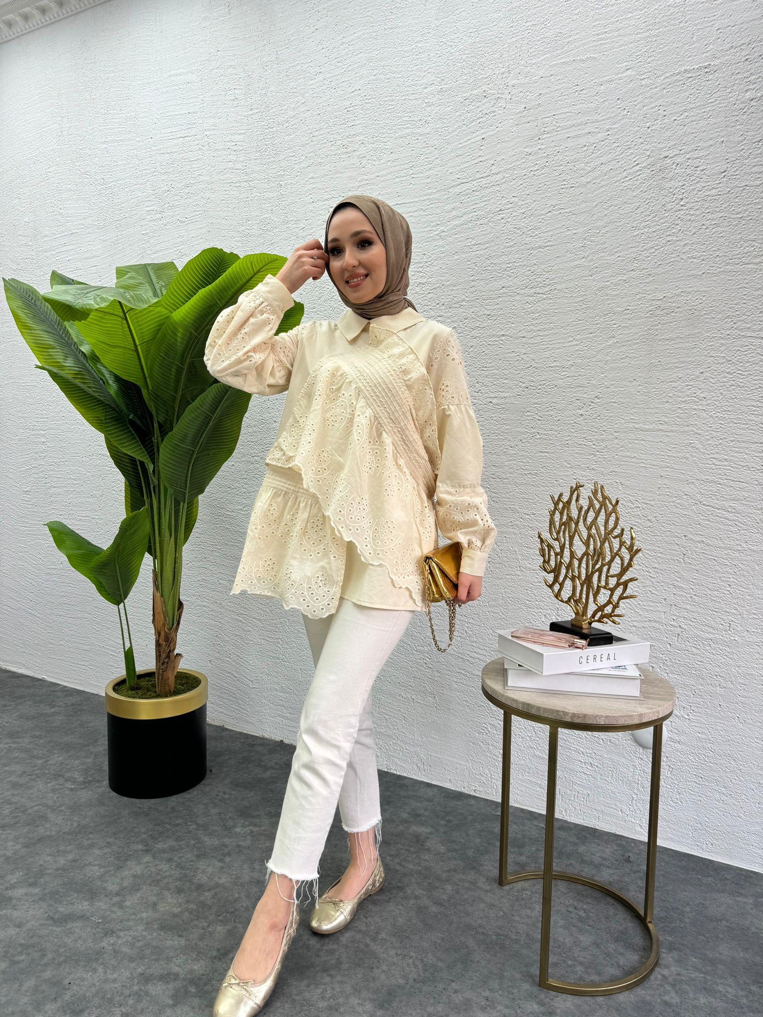 MEYSADESIGN TUNİK Parçalı Fisto Tunik Krem