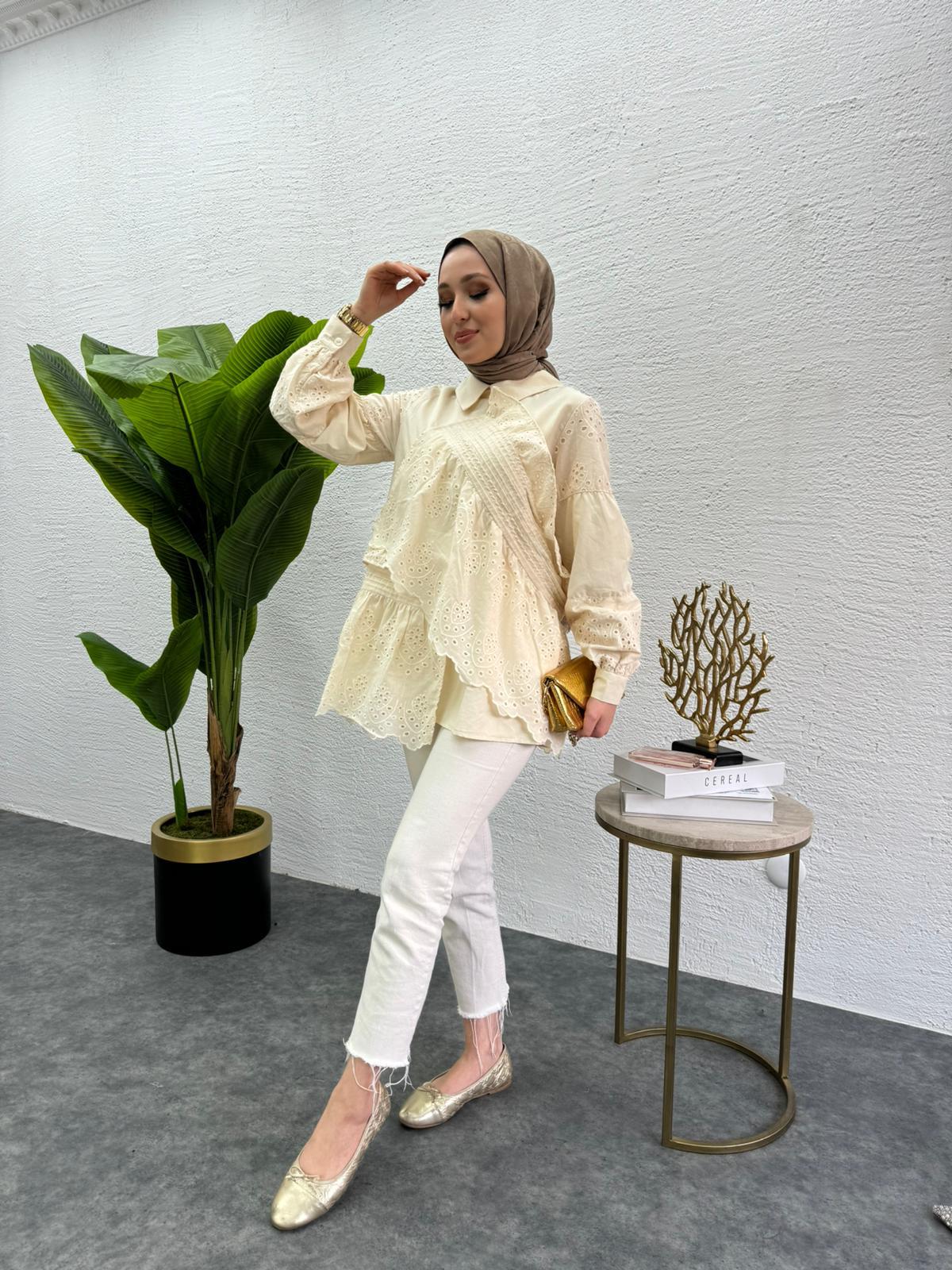 MEYSADESIGN TUNİK Parçalı Fisto Tunik Krem
