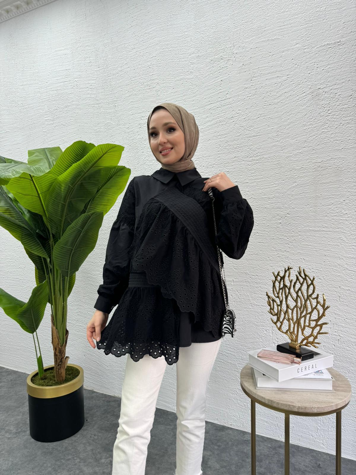 MEYSADESIGN TUNİK Parçalı Fisto Tunik Siyah