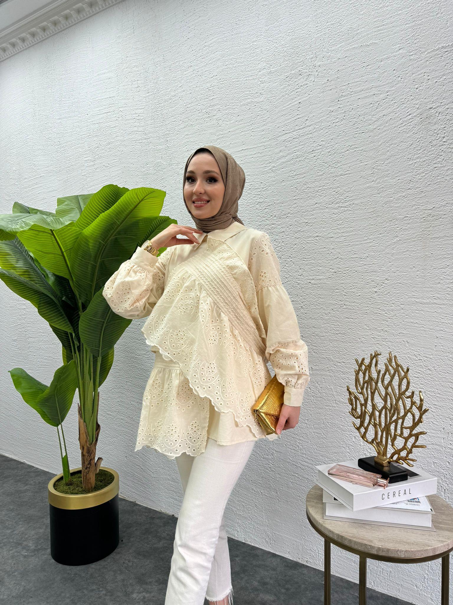 MEYSADESIGN TUNİK Parçalı Fisto Tunik Krem