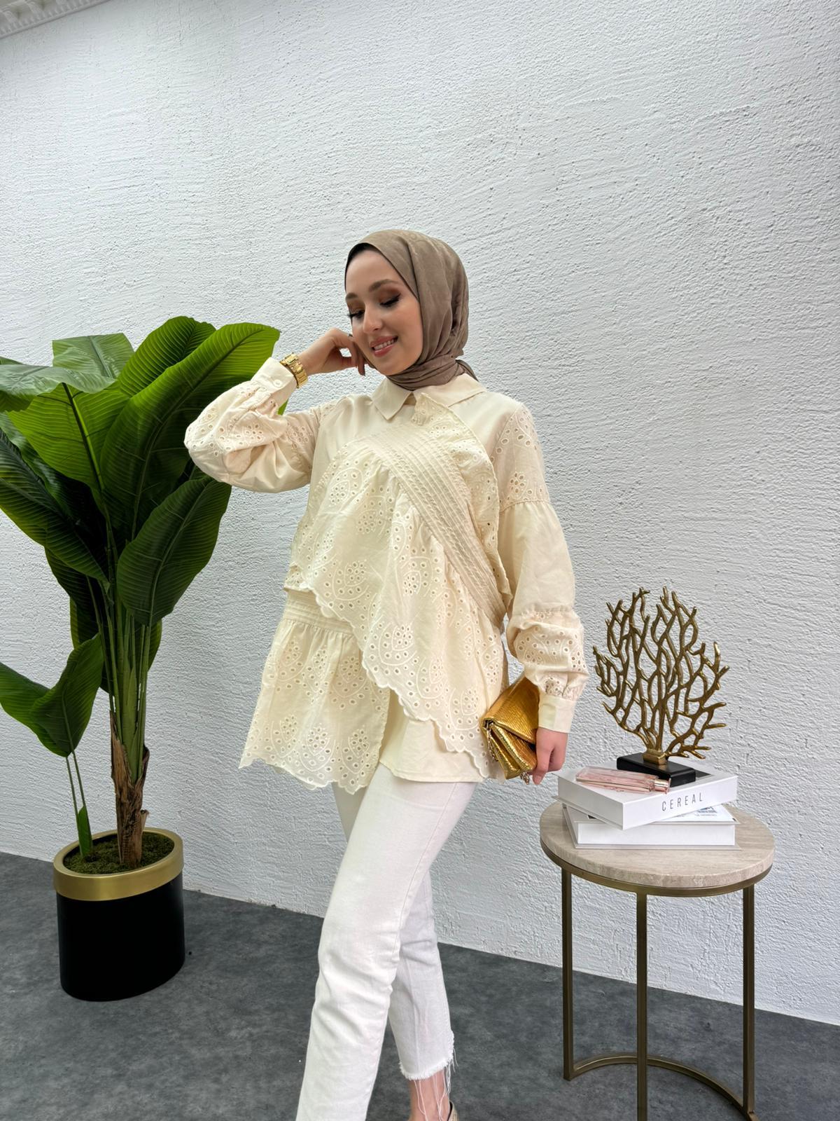 MEYSADESIGN TUNİK Parçalı Fisto Tunik Krem