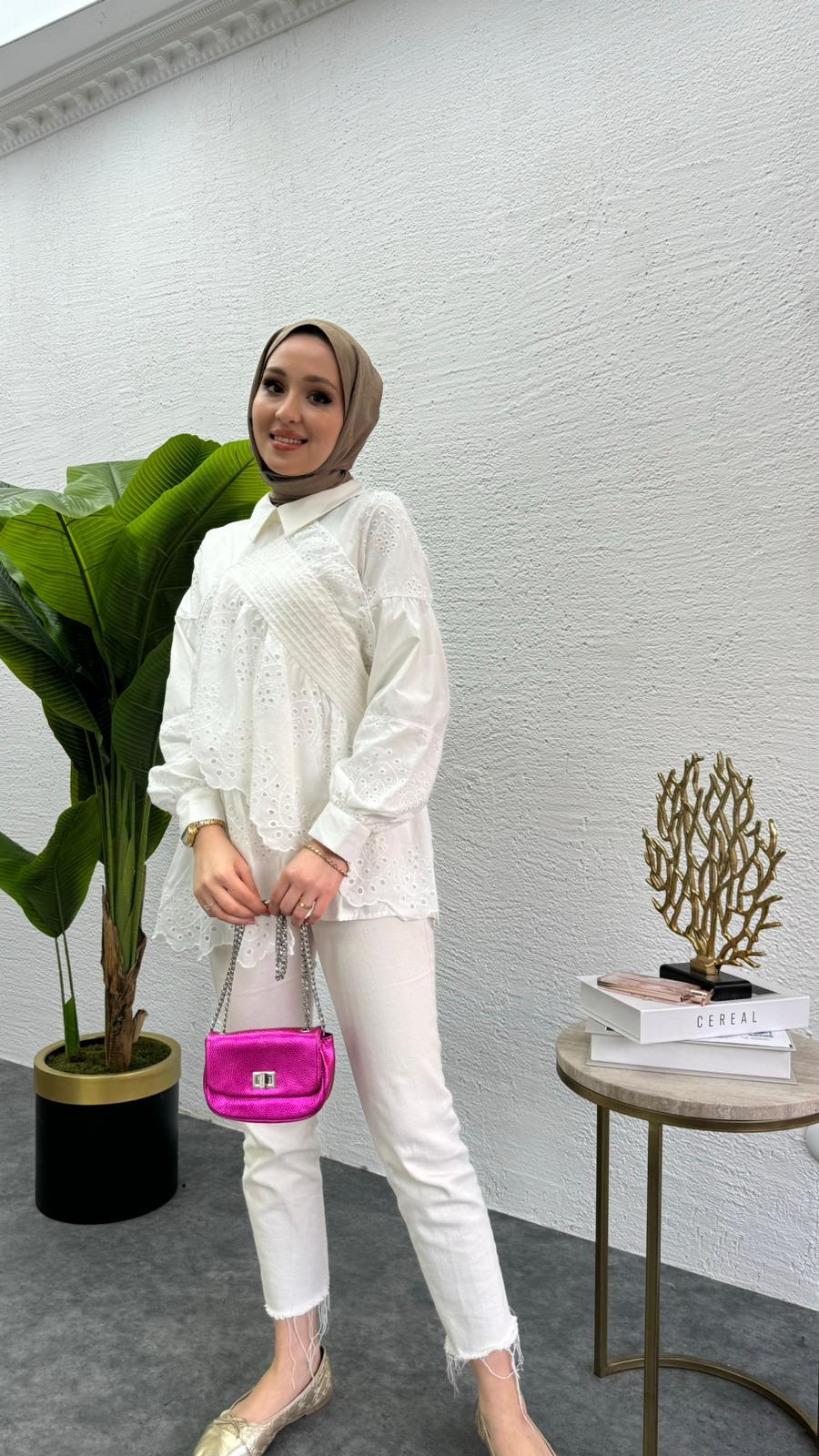 MEYSADESIGN TUNİK Parçalı Fisto Tunik Beyaz