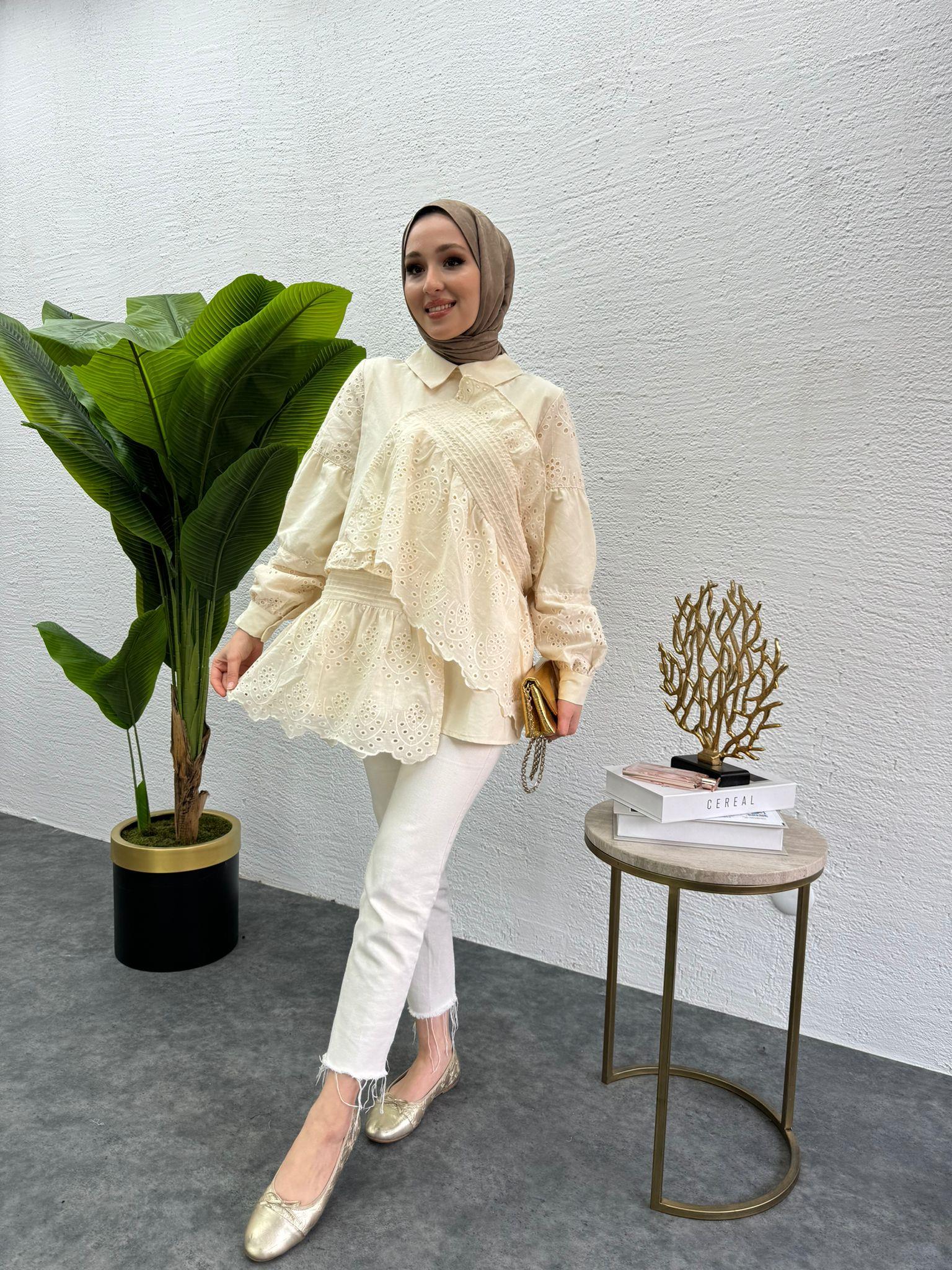 MEYSADESIGN TUNİK Parçalı Fisto Tunik Krem