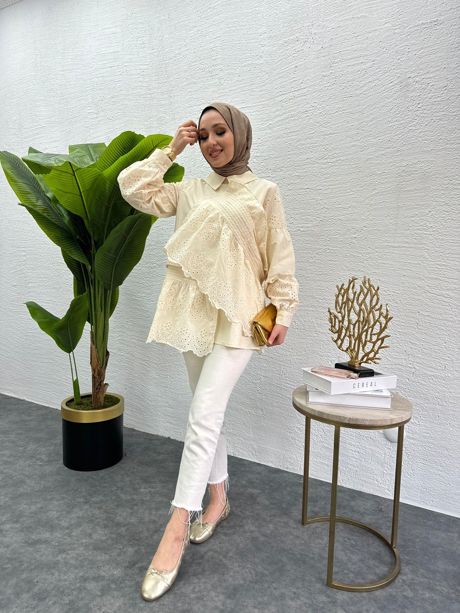 MEYSADESIGN TUNİK Parçalı Fisto Tunik Krem