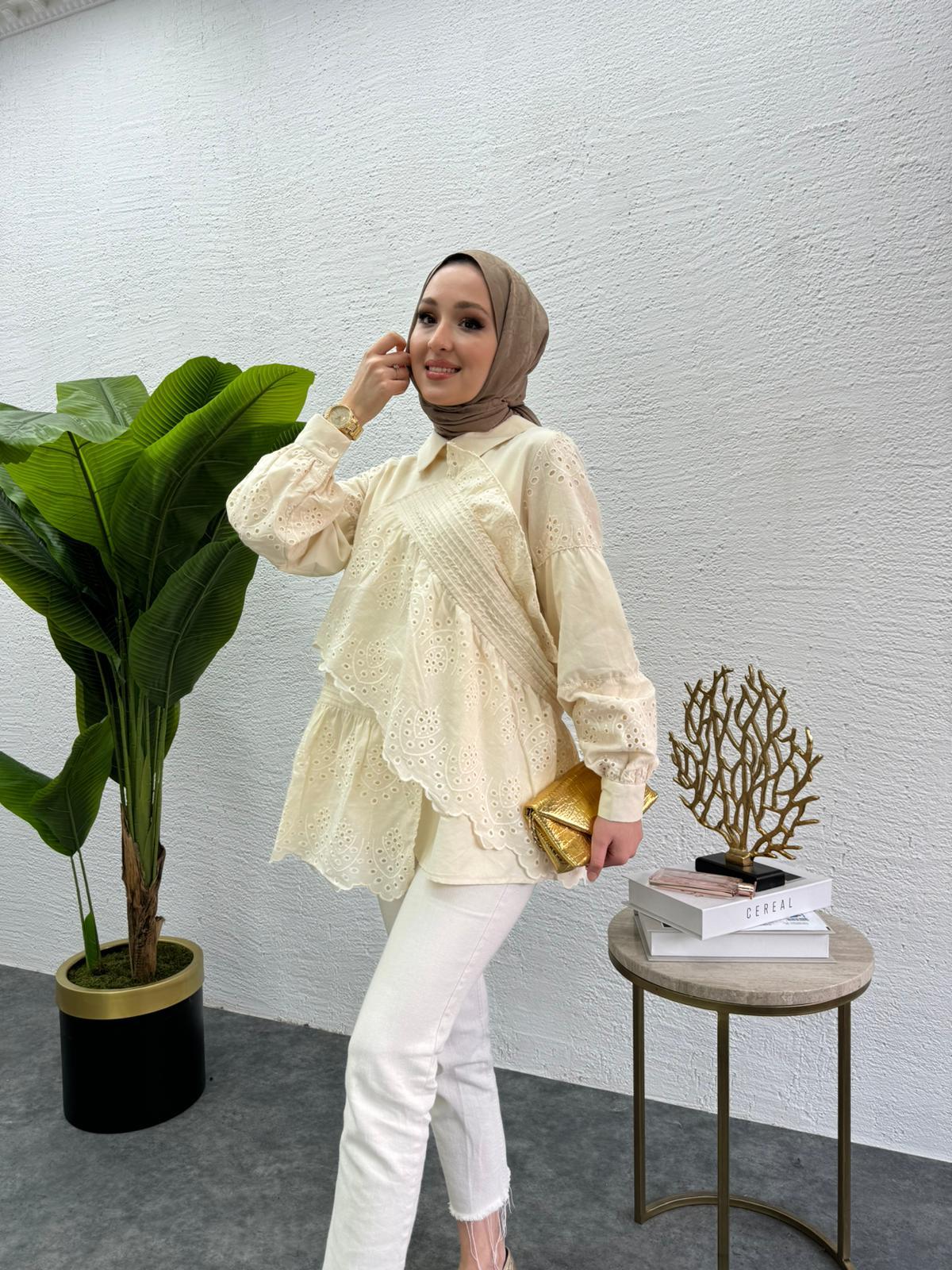 MEYSADESIGN TUNİK Parçalı Fisto Tunik Krem