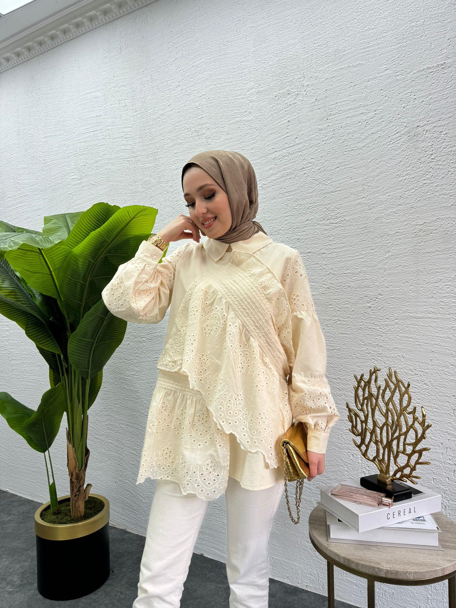 MEYSADESIGN TUNİK Parçalı Fisto Tunik Krem