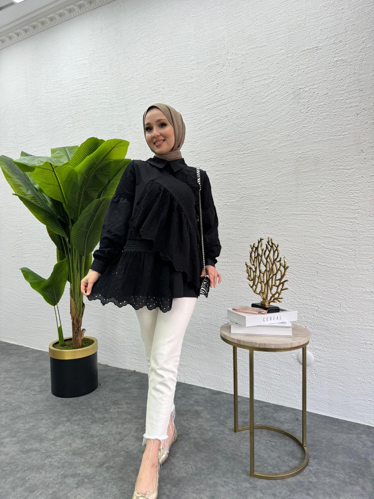 MEYSADESIGN TUNİK Parçalı Fisto Tunik Siyah