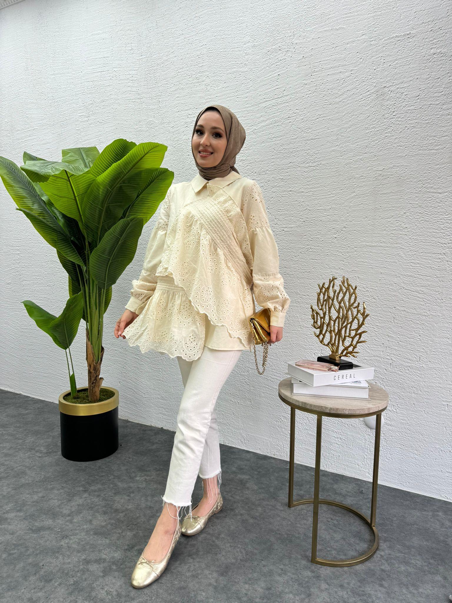 MEYSADESIGN TUNİK Parçalı Fisto Tunik Krem