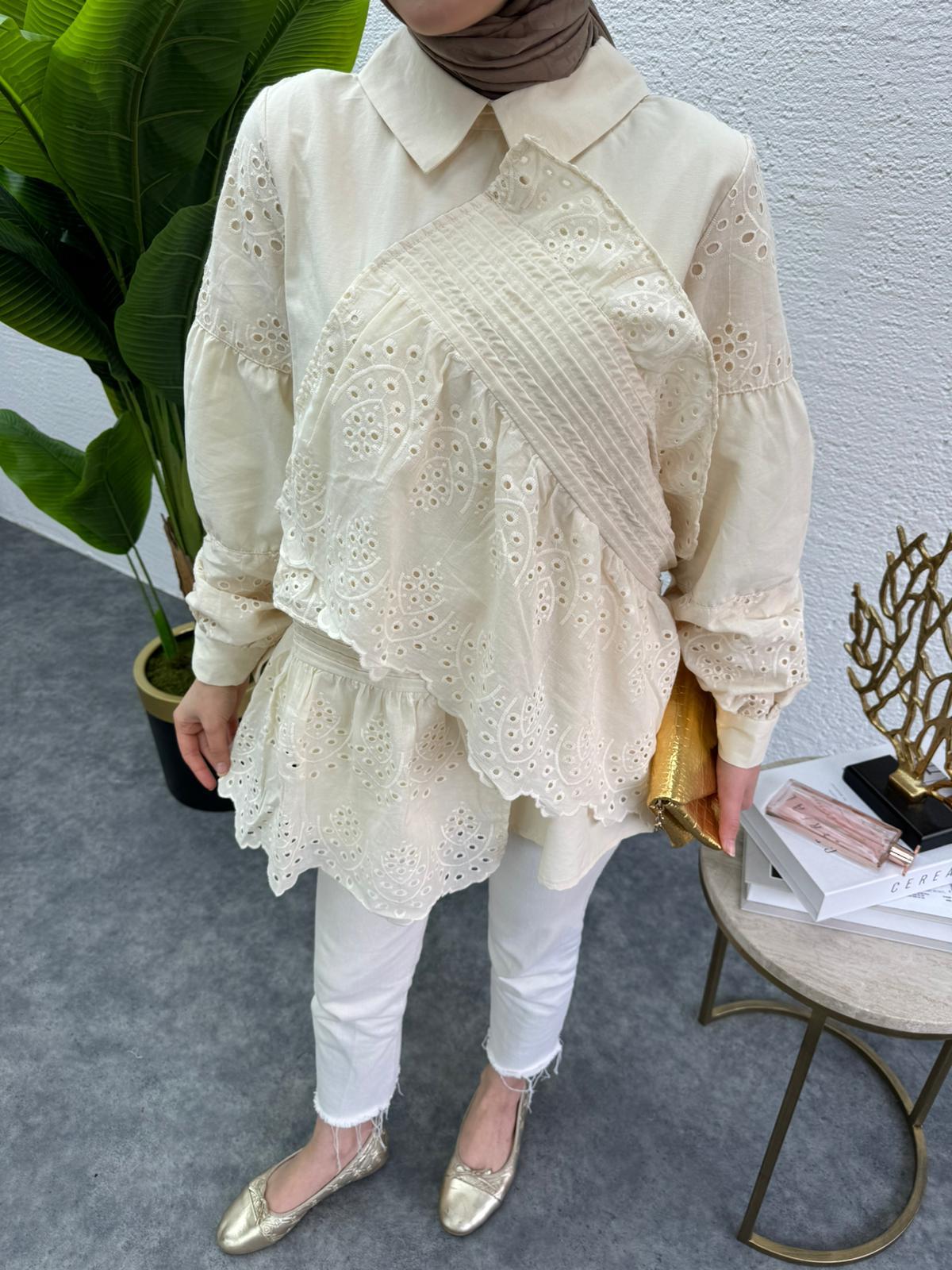 MEYSADESIGN TUNİK Parçalı Fisto Tunik Krem