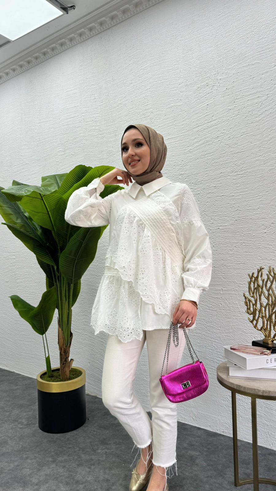 MEYSADESIGN TUNİK Parçalı Fisto Tunik Beyaz