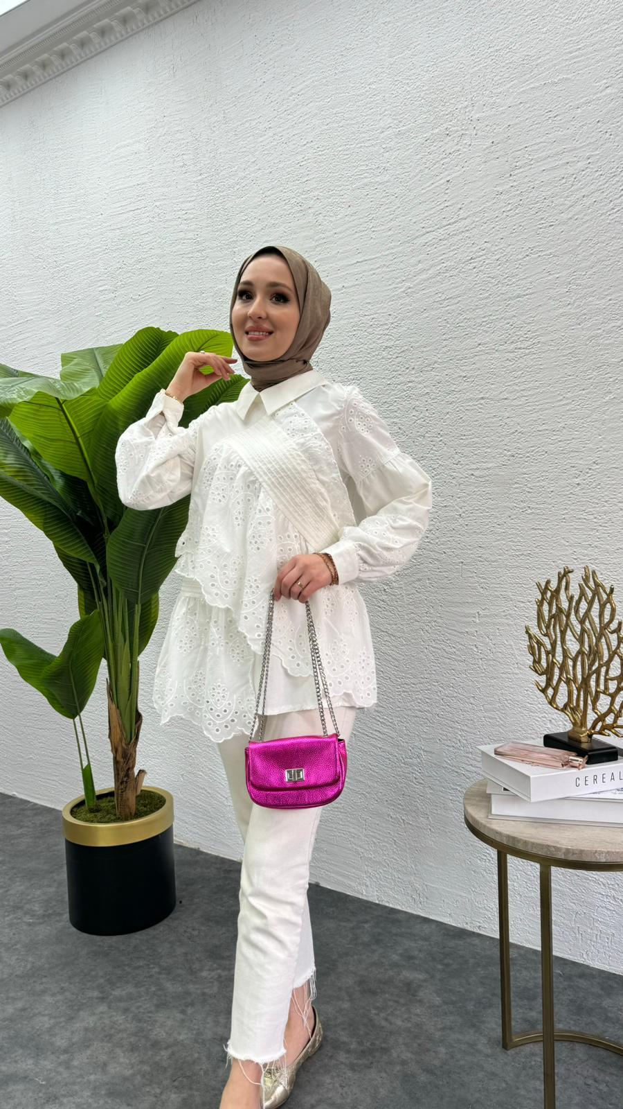 MEYSADESIGN TUNİK Parçalı Fisto Tunik Beyaz