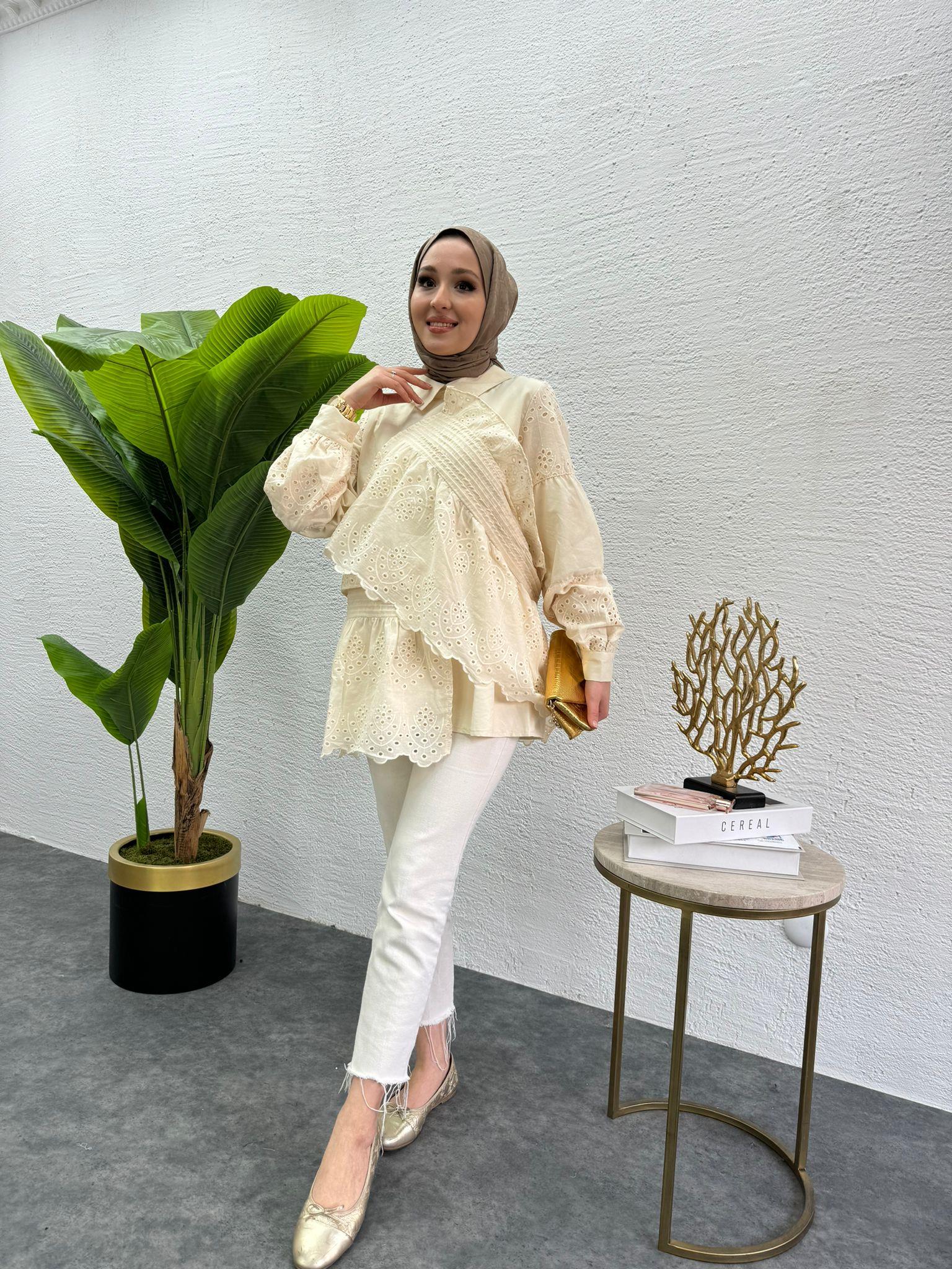 MEYSADESIGN TUNİK Parçalı Fisto Tunik Krem