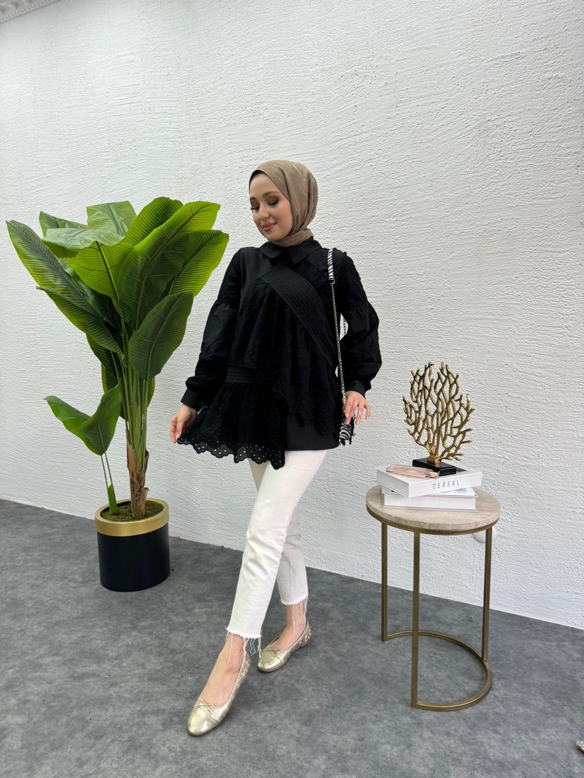 MEYSADESIGN TUNİK Parçalı Fisto Tunik Siyah