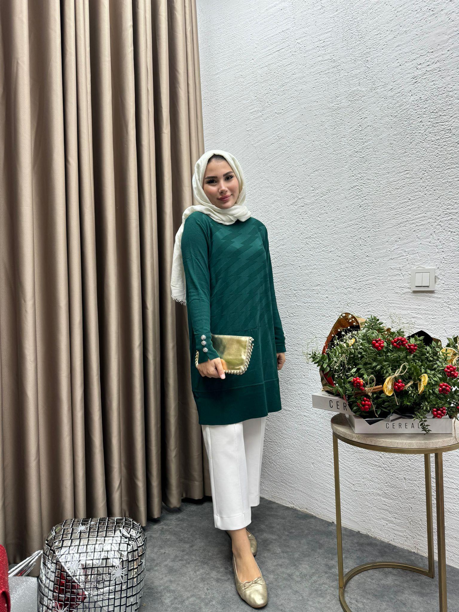 MEYSADESIGN TUNİK Sofia Düğmeli Desenli Merserize Tunik Zümrüt Yeşili