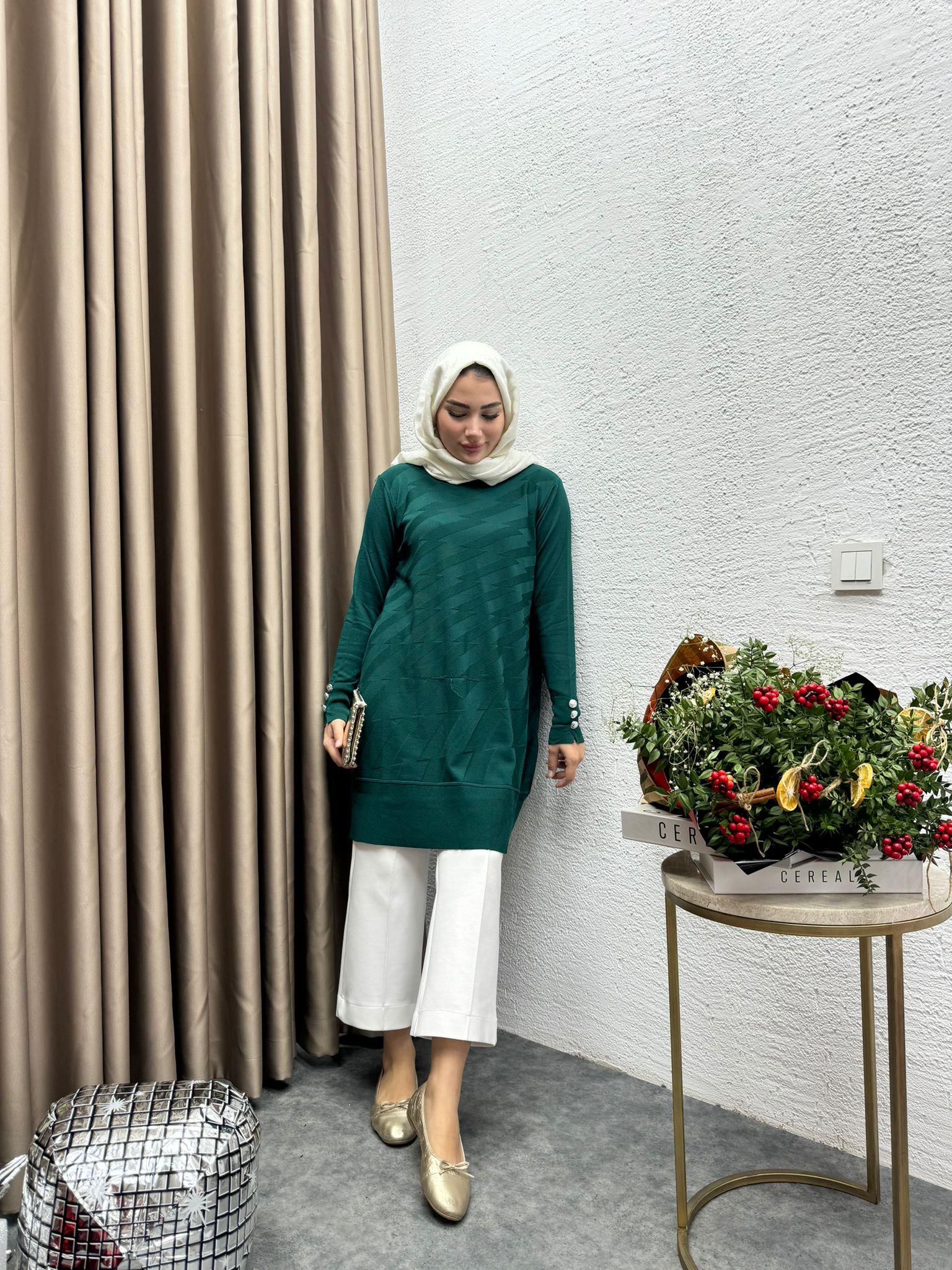 MEYSADESIGN TUNİK Sofia Düğmeli Desenli Merserize Tunik Zümrüt Yeşili