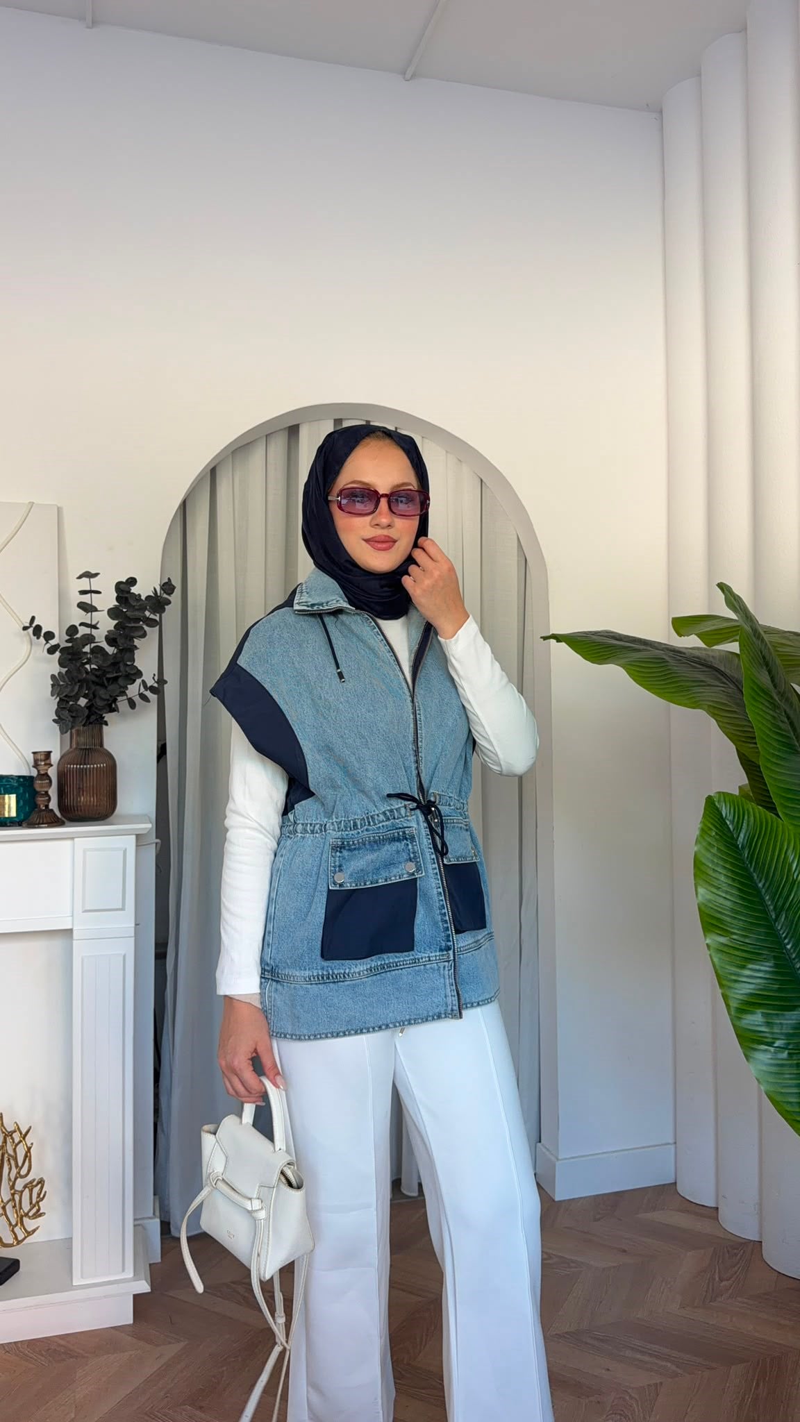 MEYSADESIGN YELEK Denim Parçalı Yelek Koyu Mavi