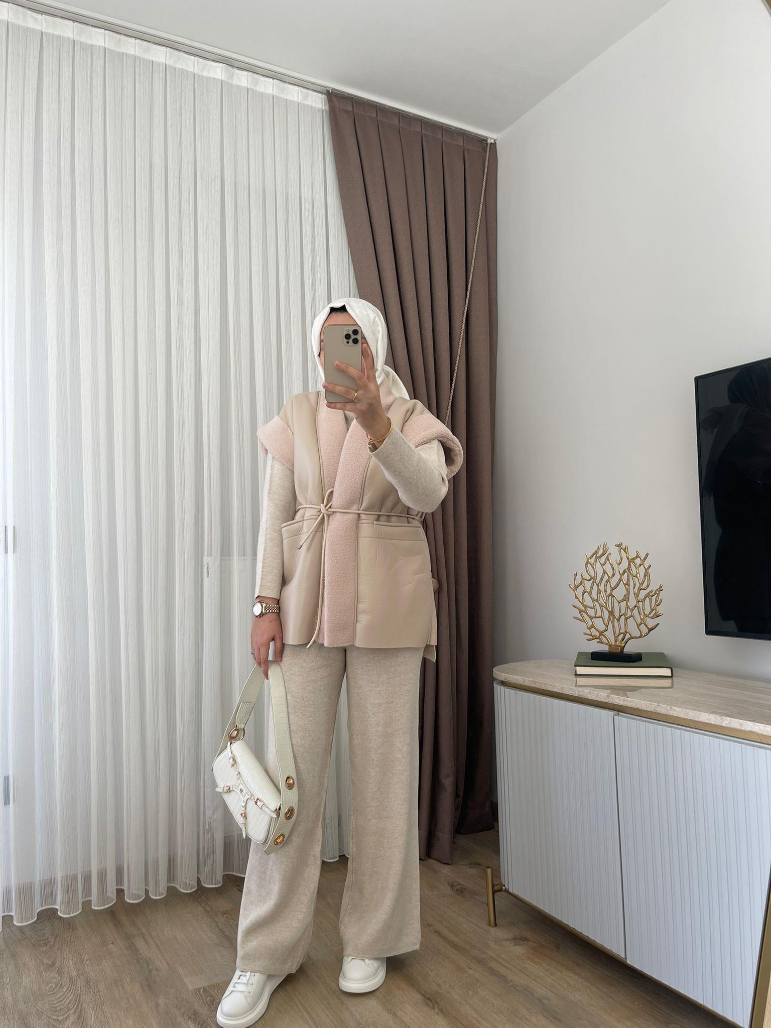 MEYSADESIGN YELEK Kürk Detaylı Deri Yelek Bej