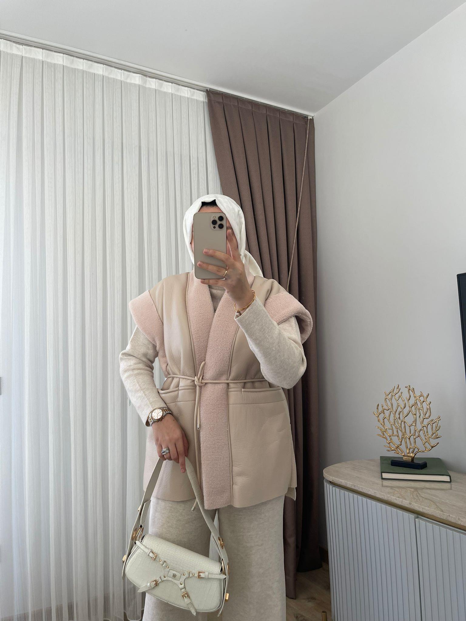 MEYSADESIGN YELEK Kürk Detaylı Deri Yelek Bej