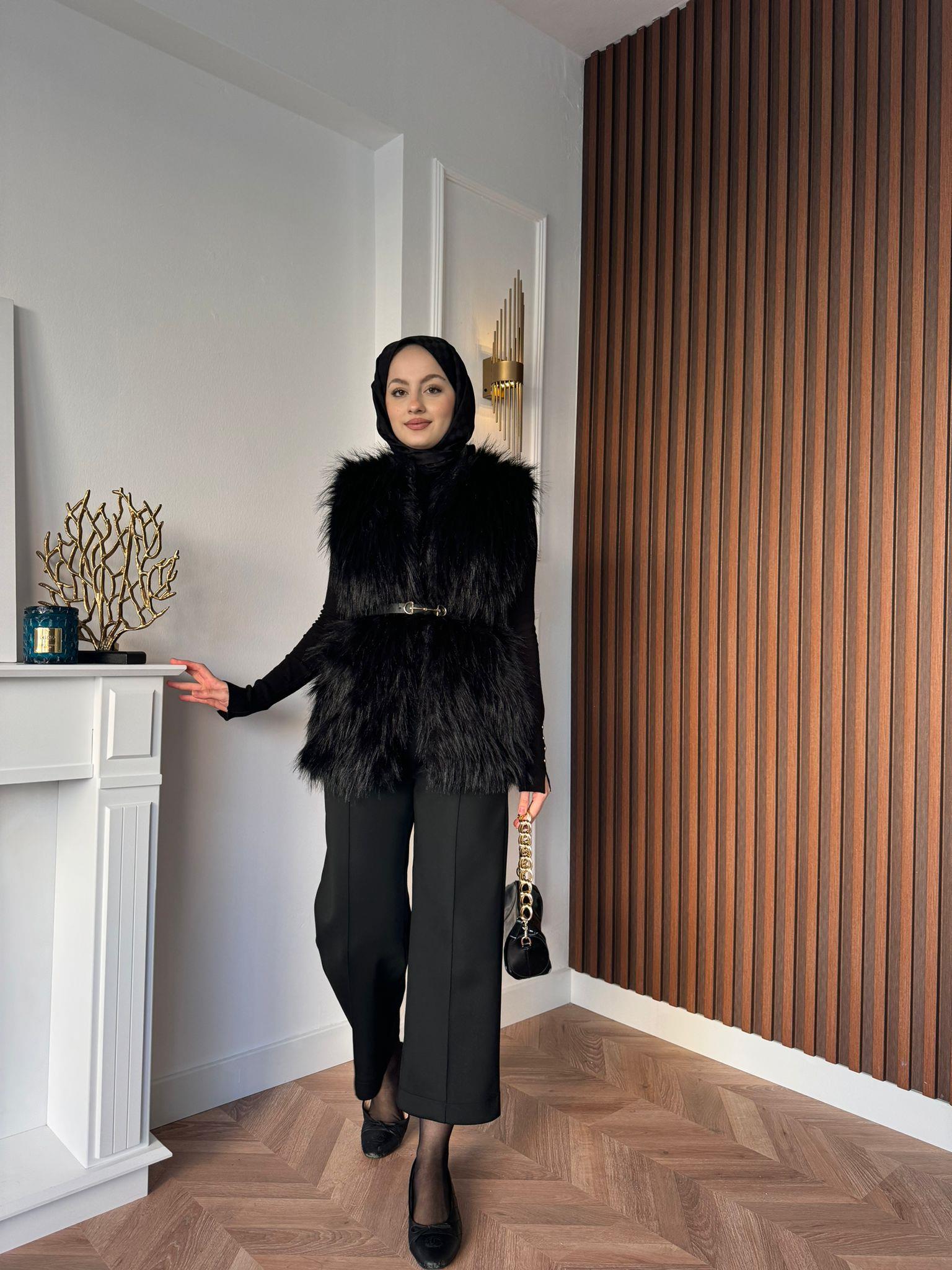 MEYSADESIGN YELEK Limited Saçaklı Kemerli Kürk Yelek Siyah