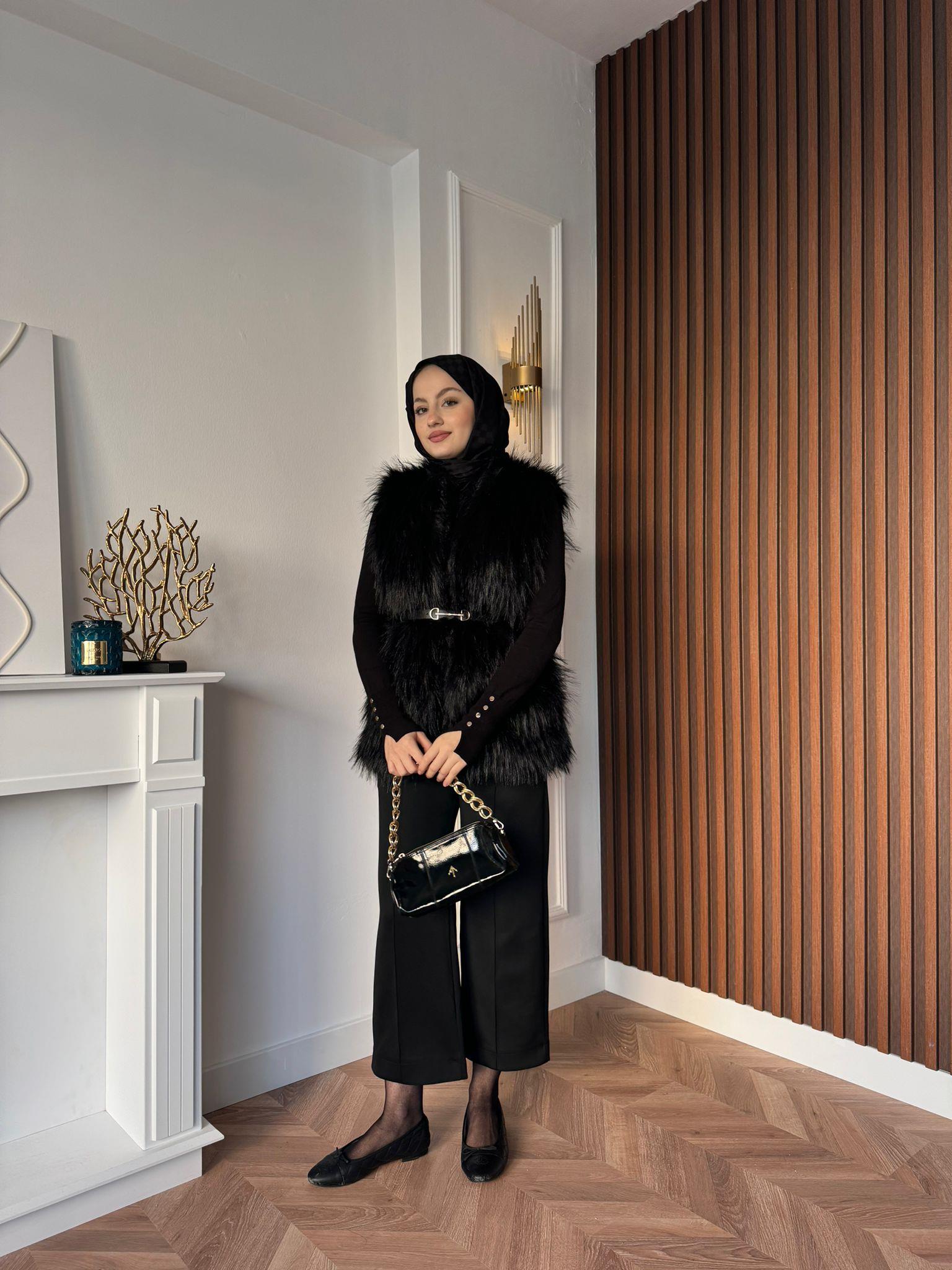 MEYSADESIGN YELEK Limited Saçaklı Kemerli Kürk Yelek Siyah