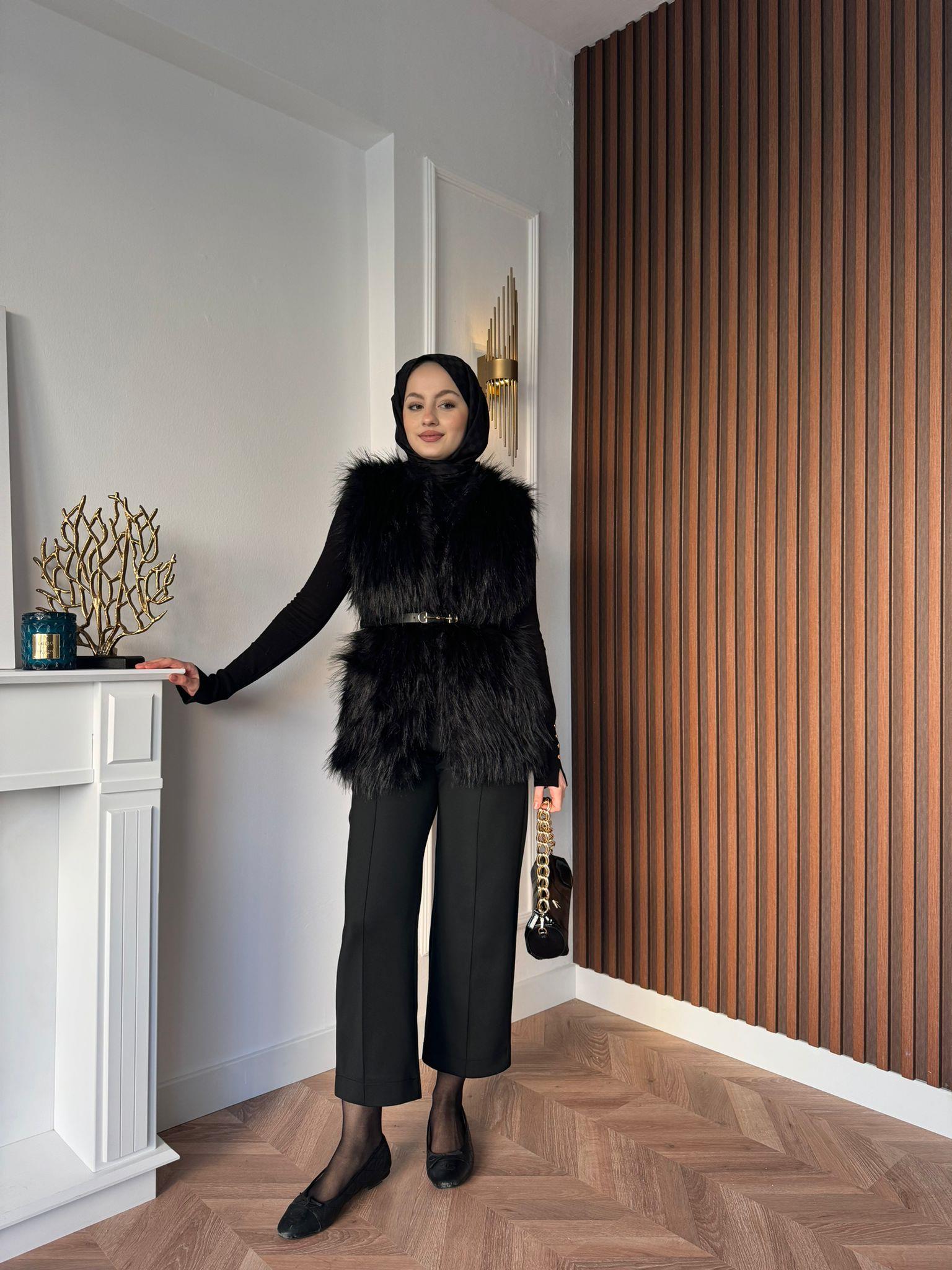 MEYSADESIGN YELEK Limited Saçaklı Kemerli Kürk Yelek Siyah