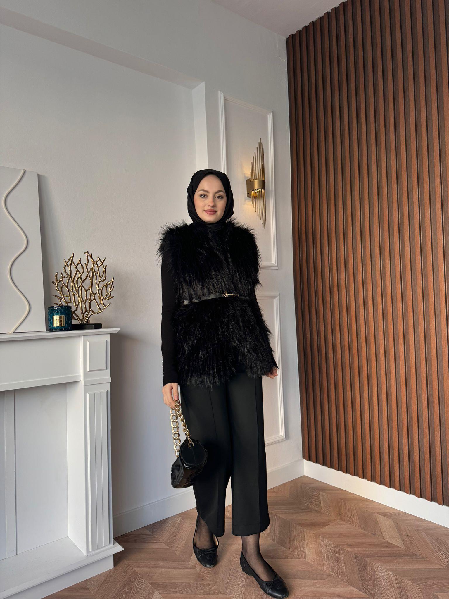 MEYSADESIGN YELEK Limited Saçaklı Kemerli Kürk Yelek Siyah
