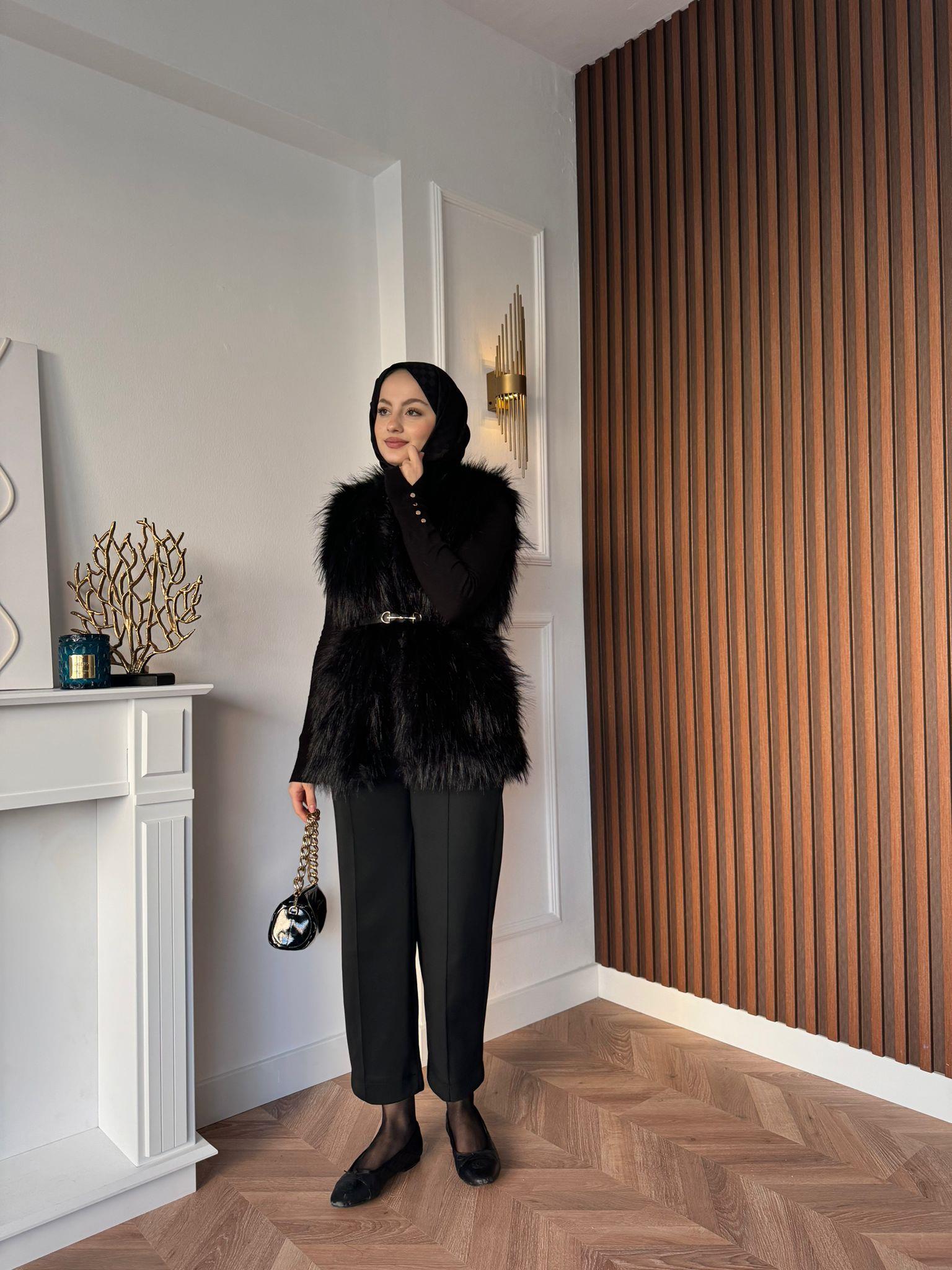 MEYSADESIGN YELEK Limited Saçaklı Kemerli Kürk Yelek Siyah
