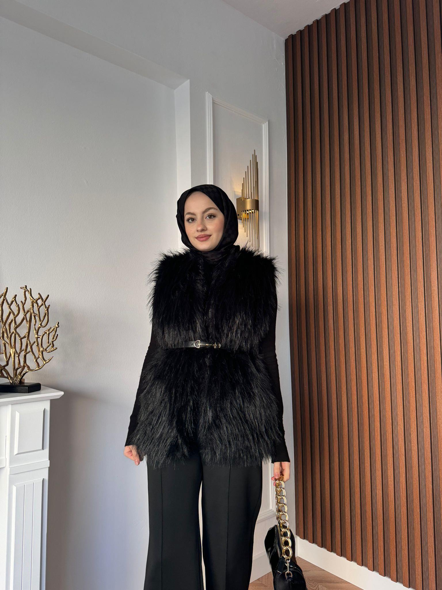 MEYSADESIGN YELEK Limited Saçaklı Kemerli Kürk Yelek Siyah