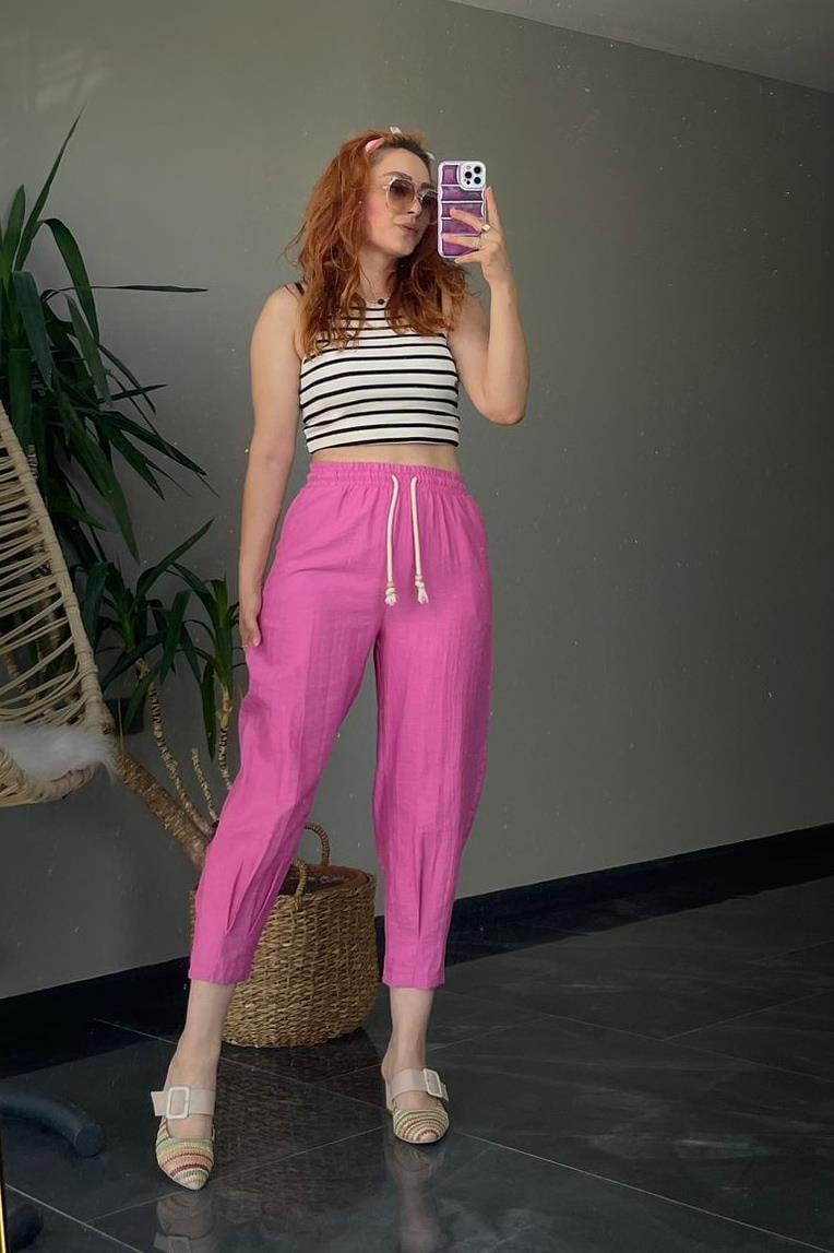 Beli Lastikli İp Detaylı Salvar Kesim Pantolon Pembe