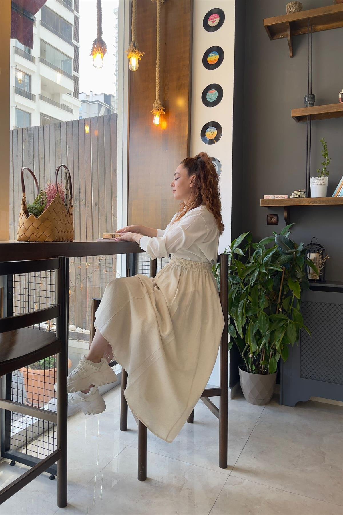 Yandan Cep Detaylı Taş Rengi Keten Etek