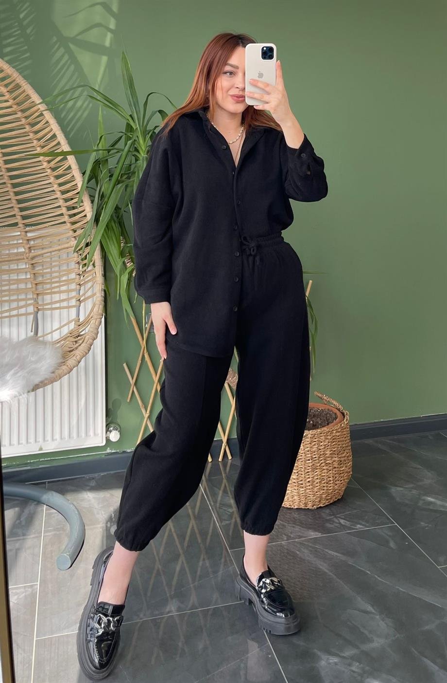 Mango Model Kaşe Şalvar Takım Siyah