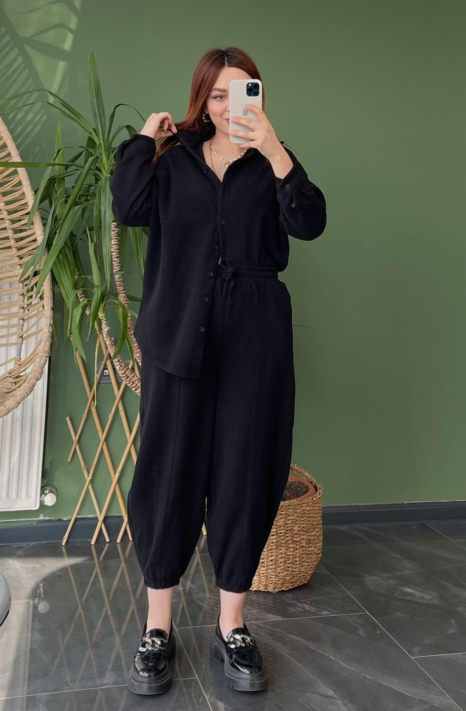 Mango Model Kaşe Şalvar Takım Siyah