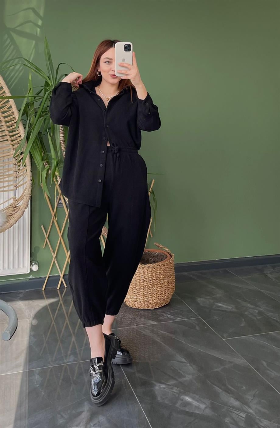 Mango Model Kaşe Şalvar Takım Siyah