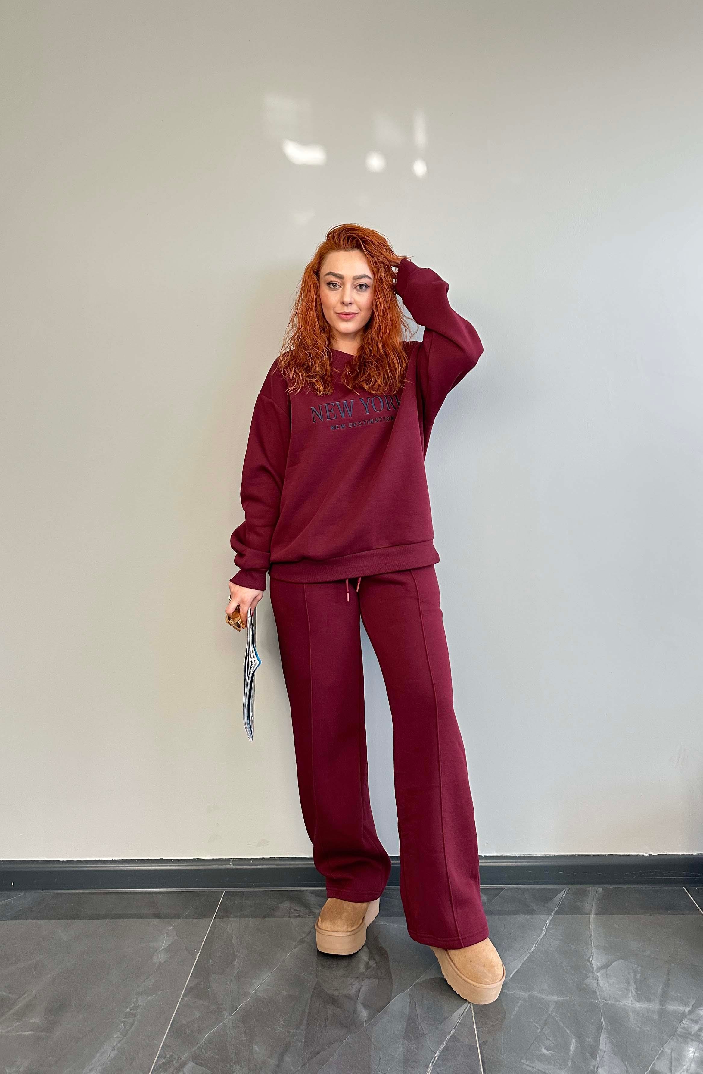 Bordo 3 İplik Şardonlu Eşofman Takımı